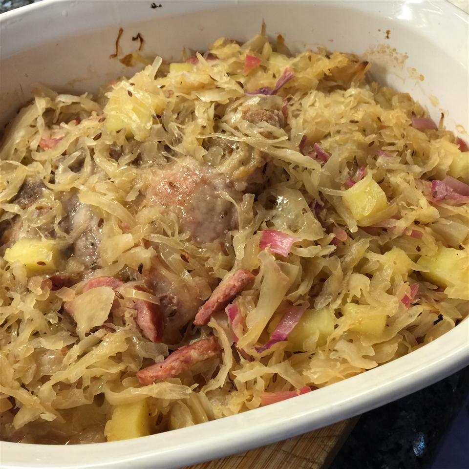 <p>Savory-sweet pork chops are baked in a large skillet with sauerkraut, apple, and brown sugar in this easy and hearty German-inspired dish. "Excellent recipe! Easy and delicious," raves Georgia. "I used Bavarian sauerkraut which already has the caraway seeds in it."</p>
                          
