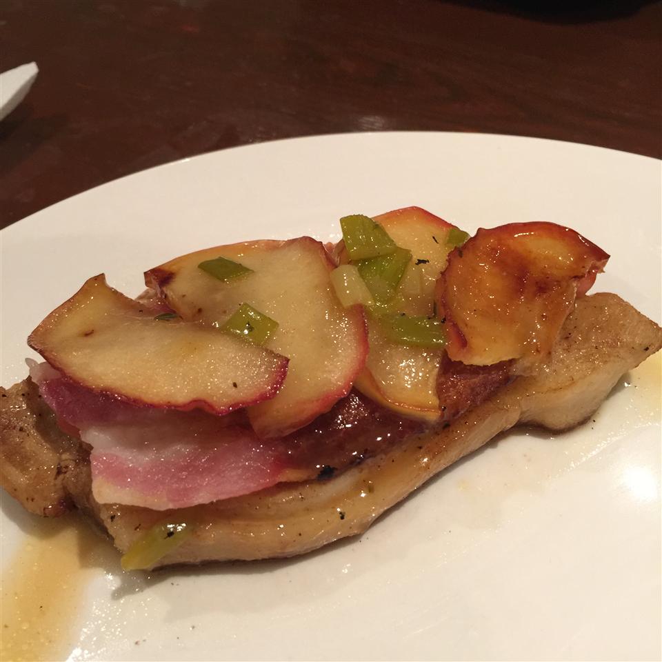 Pan Seared Pork Chops Topped with Brown Sugar Glazed Apples and Bacon 