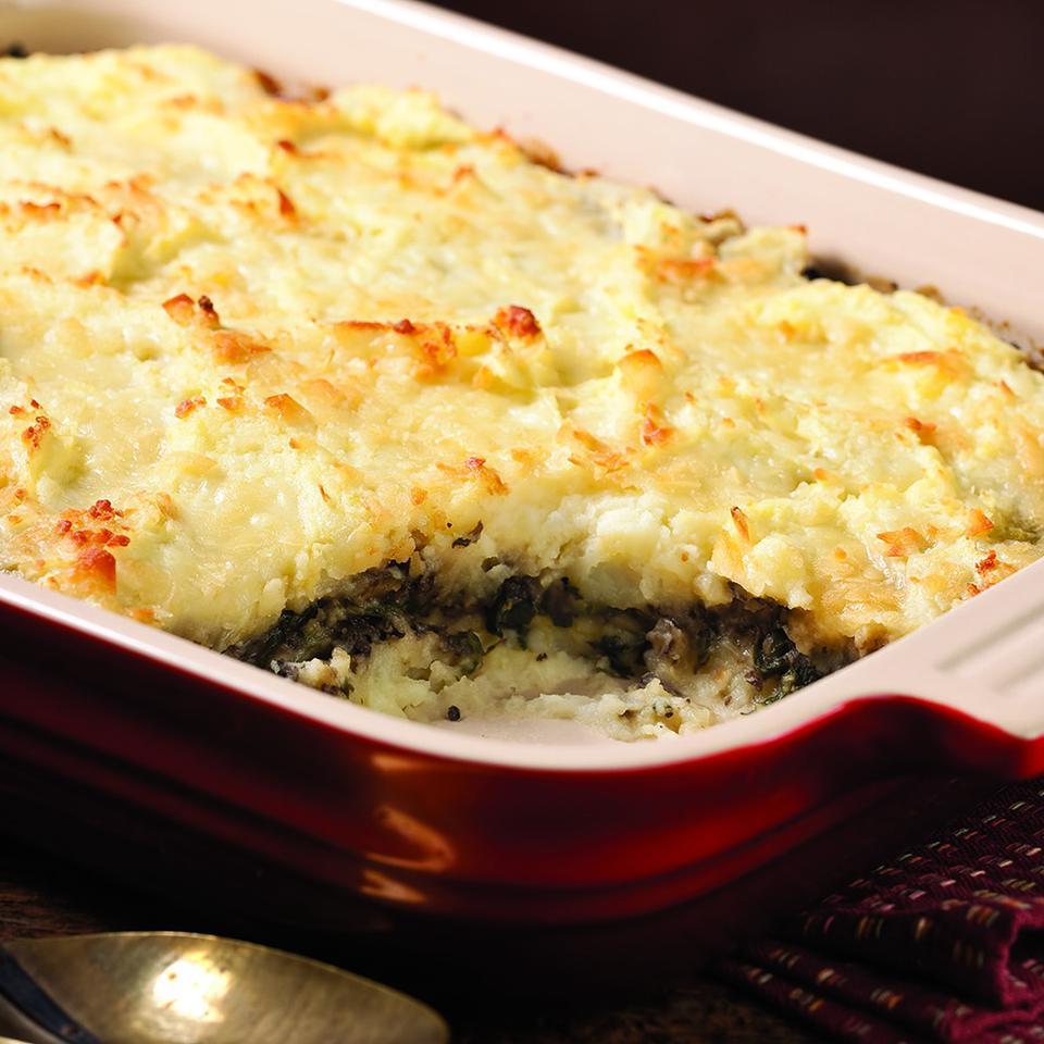 <p>Fancy up regular mashed potatoes with a layer of mushroom duxelle--a sauté of finely chopped mushrooms and shallots. We omitted the traditional butter in the duxelle and added chard for a nutritional boost. Serve this hearty side in place of mashed potatoes at any holiday feast or enjoy it as a vegetarian main dish.</p>
                          