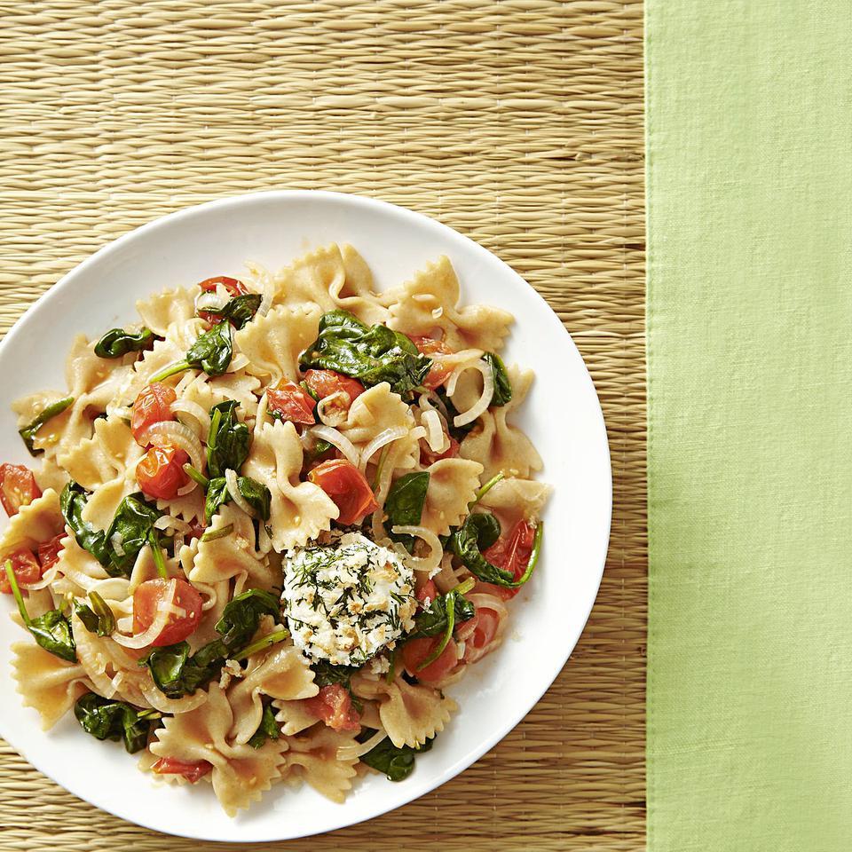 Summer Vegetable Pasta with Crispy Goat Cheese Medallions