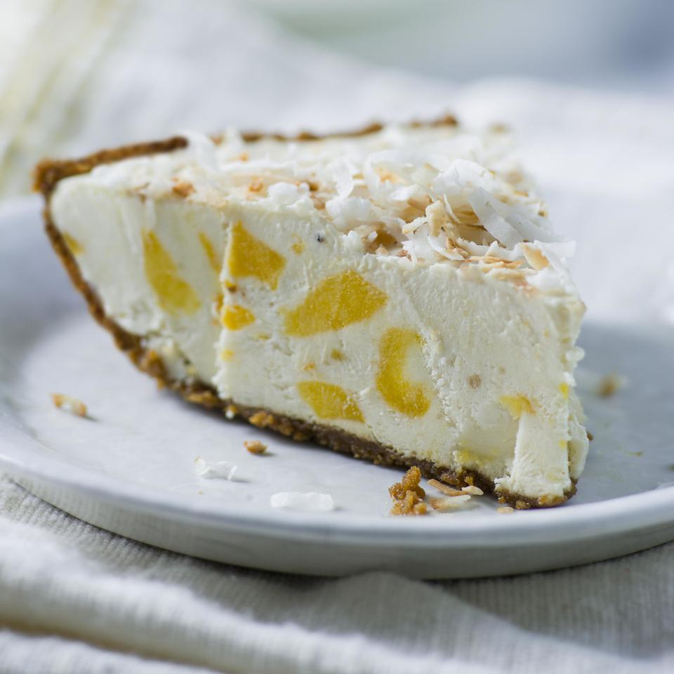 <p>In this healthy ice cream pie recipe, crumbled gingersnaps make an easy and tasty crust for the mango and coconut filling made with nonfat vanilla Greek yogurt.</p>
                          