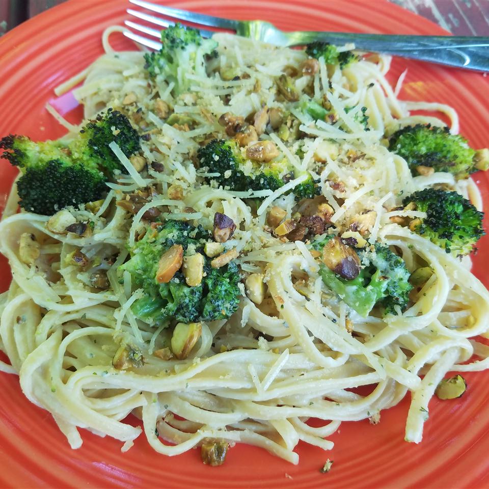 Roasted Broccoli Alfredo Pasta with Pistachio Crumble 