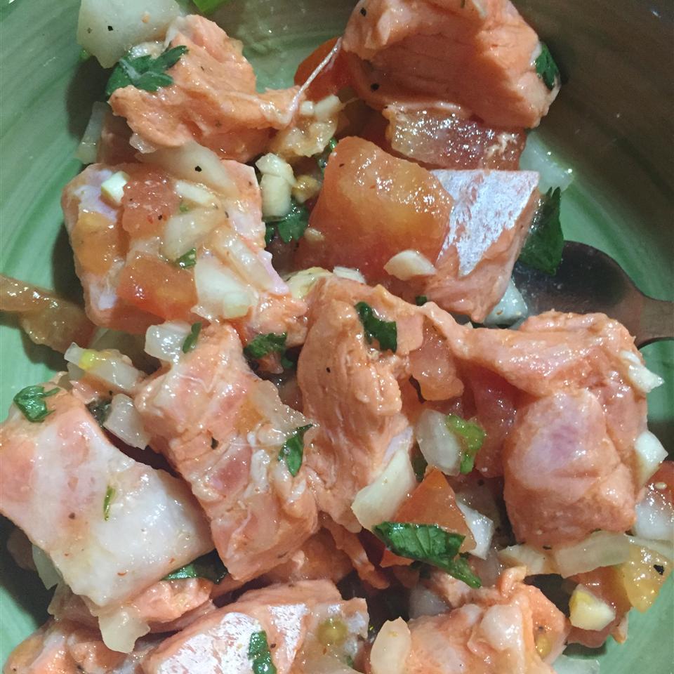 <p>Thin slices of very fresh, raw salmon are marinated in a lime-chili mixture with onion, tomatoes and fresh cilantro. Use less salt if you prefer, then season to taste before serving. Superb as a light summer salmon salad or serve in smaller portions as an appetizer.</p>
                          