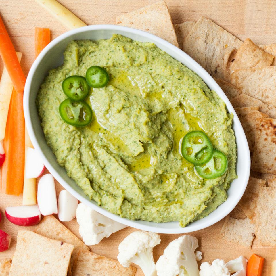 <p>This vibrant green hummus recipe couldn't be easier--just toss a few ingredients in the food processor and whir away! Aquafaba (the liquid from a can of chickpeas) and avocado make this healthy dip extra smooth and creamy. Serve with veggie chips, pita chips or crudités.</p>
                          