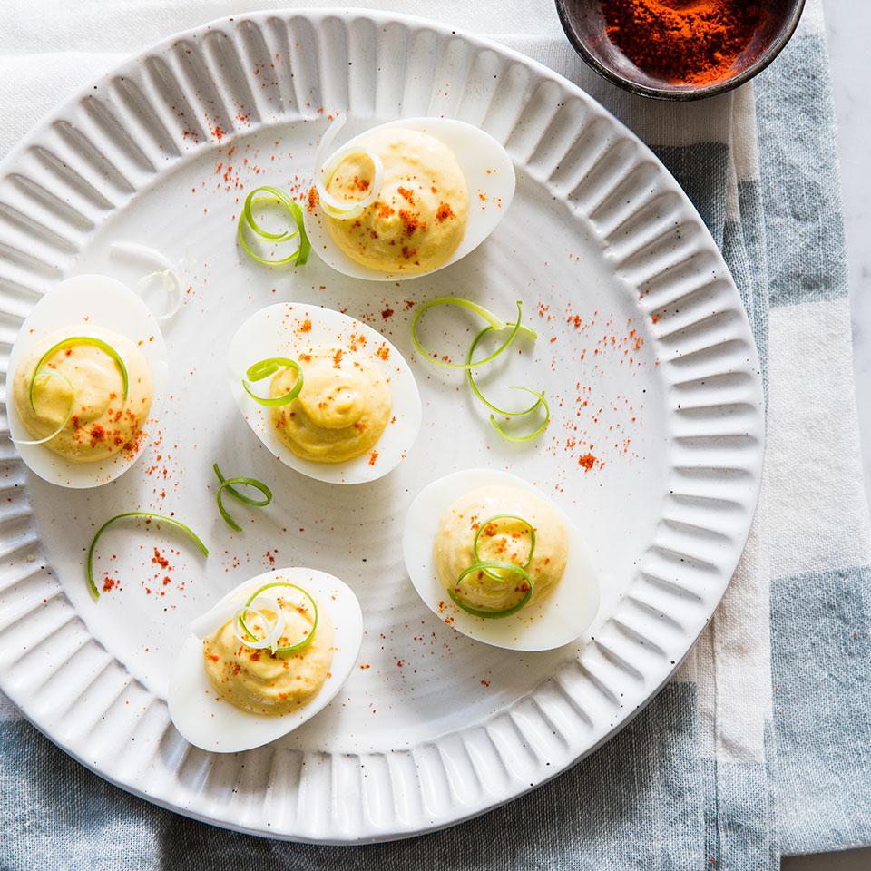 <p>We love the taste of dill relish in the filling of this deviled egg recipe, but if you like a sweeter deviled egg' opt for sweet relish instead. Our secret to healthy, creamy deviled eggs with fewer calories is to swap out half the full-fat mayo for nonfat Greek yogurt.</p>
                          