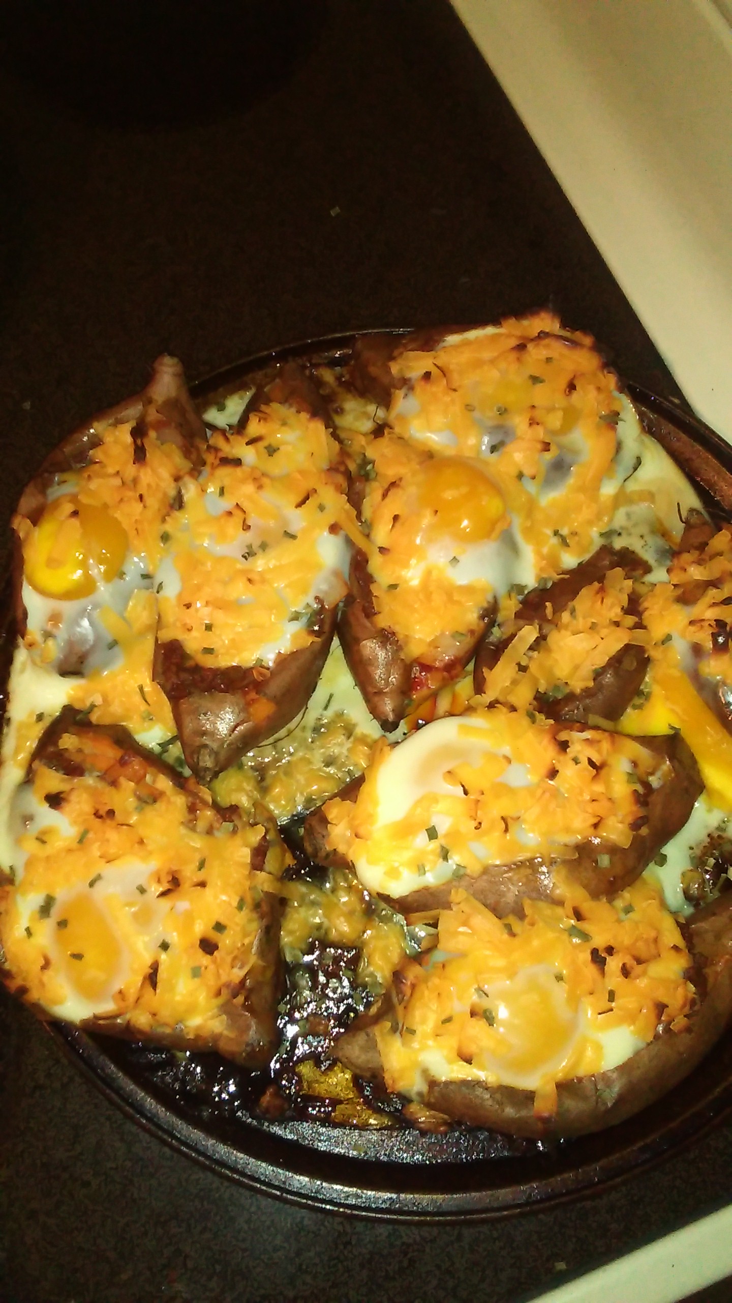 Cheesy Chorizo and Egg Sweet Potato Boats 