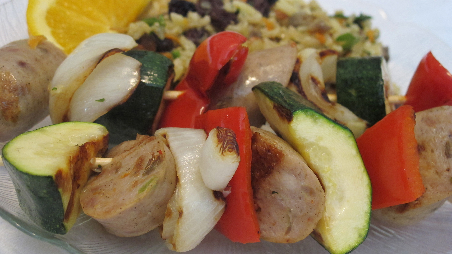 Sweet Italian Chicken Sausage Kabobs with Orzo Brown Rice Pilaf