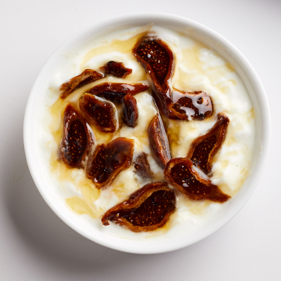 <p>In this Mediterranean-inspired snack, dried figs and honey top plain yogurt. Substitute fresh figs if you can find them.</p>
                          <p> </p>
                          