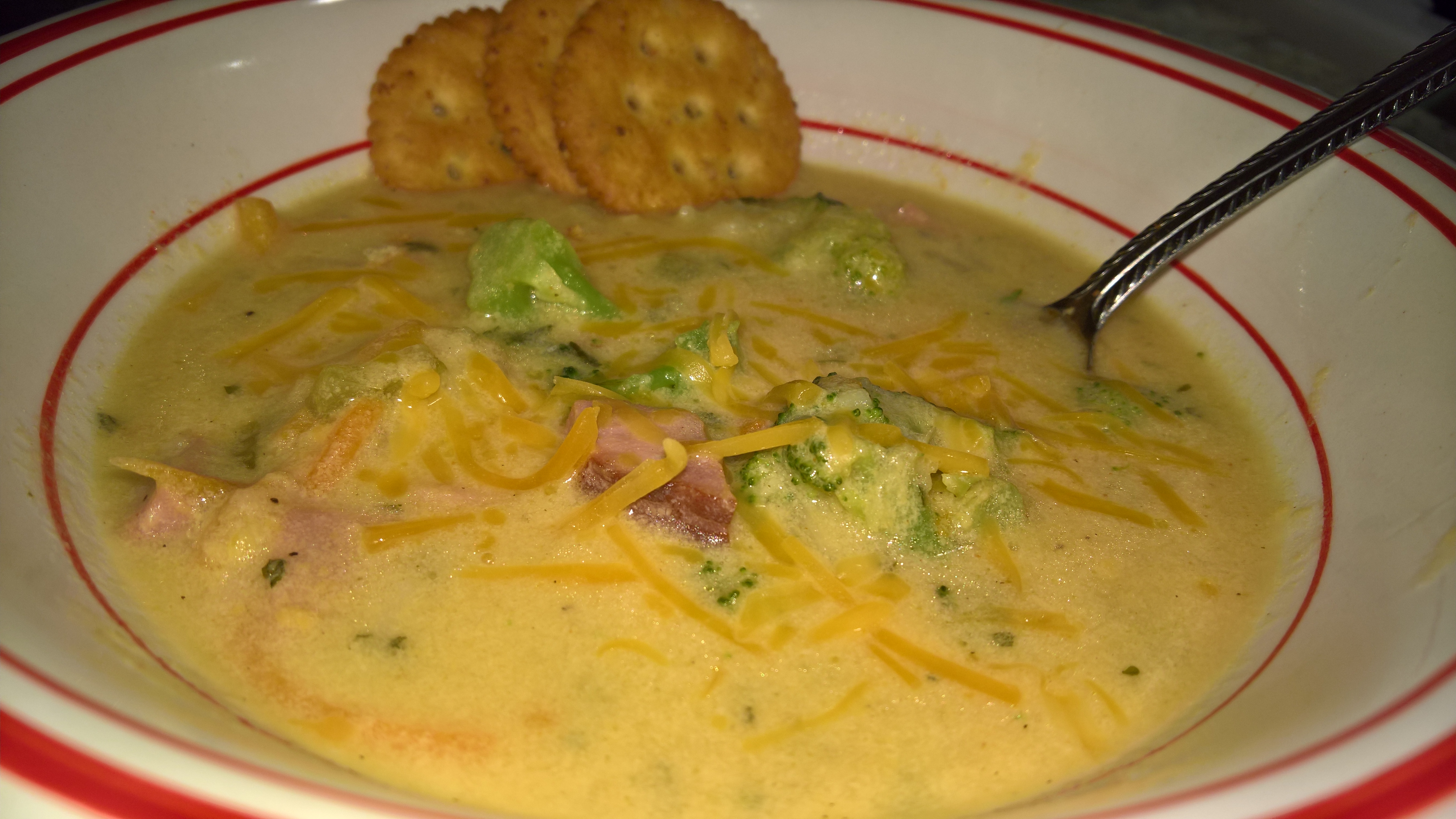 Potato, Ham, Broccoli and Cheese Soup with Baby Dumplings 