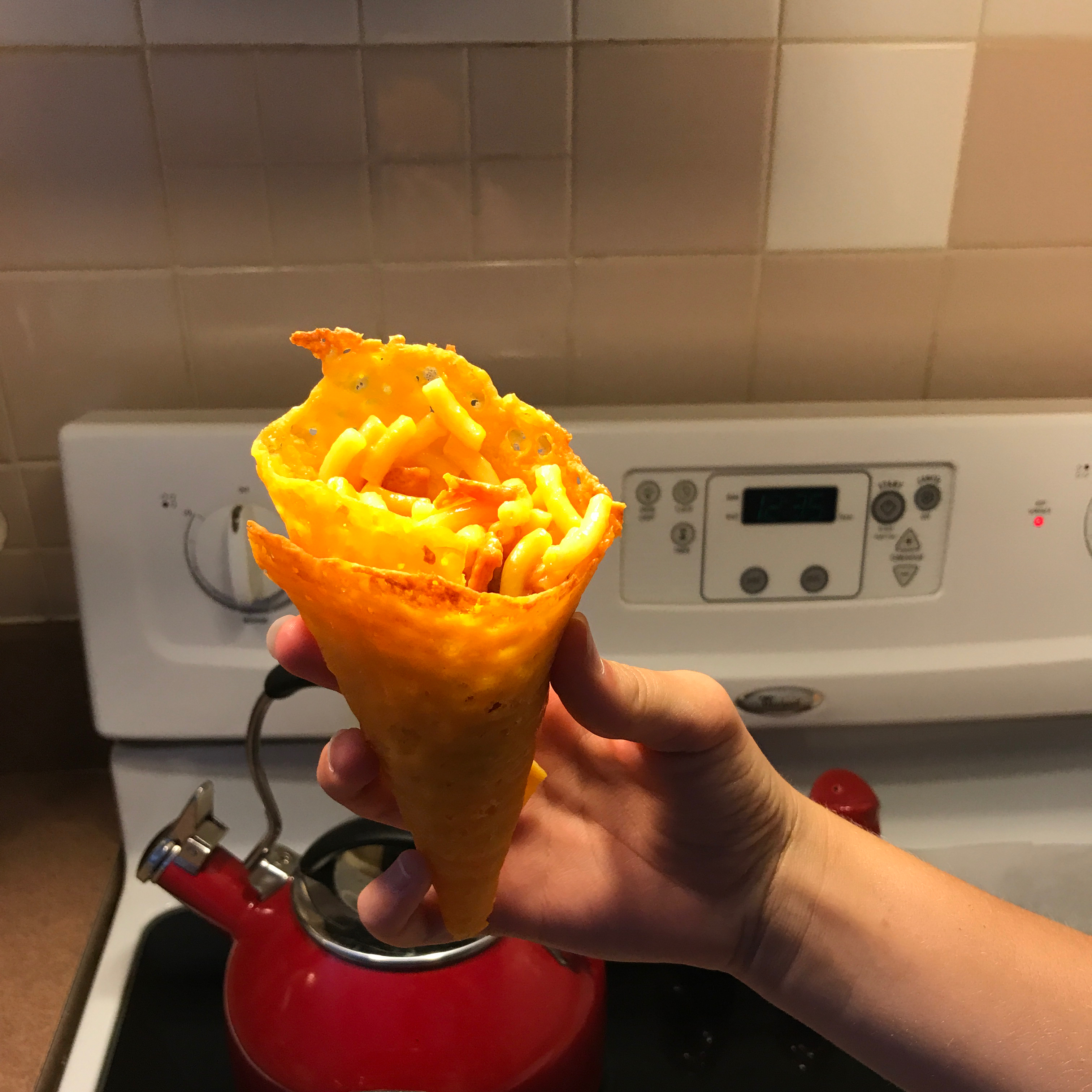 Mac and Cheese in a Cheese Waffle Cone 