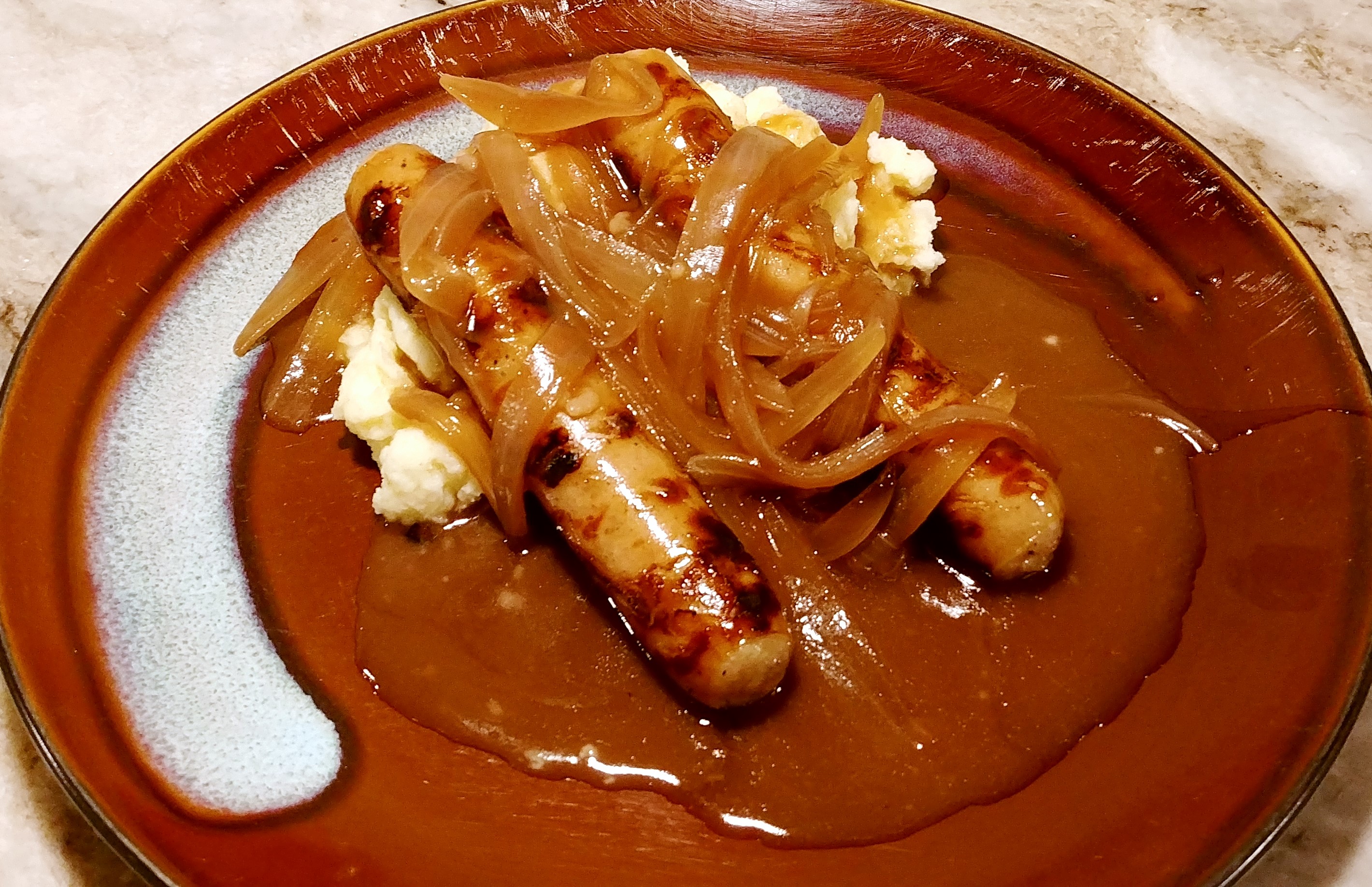 True Bangers and Mash with Onion Gravy 
