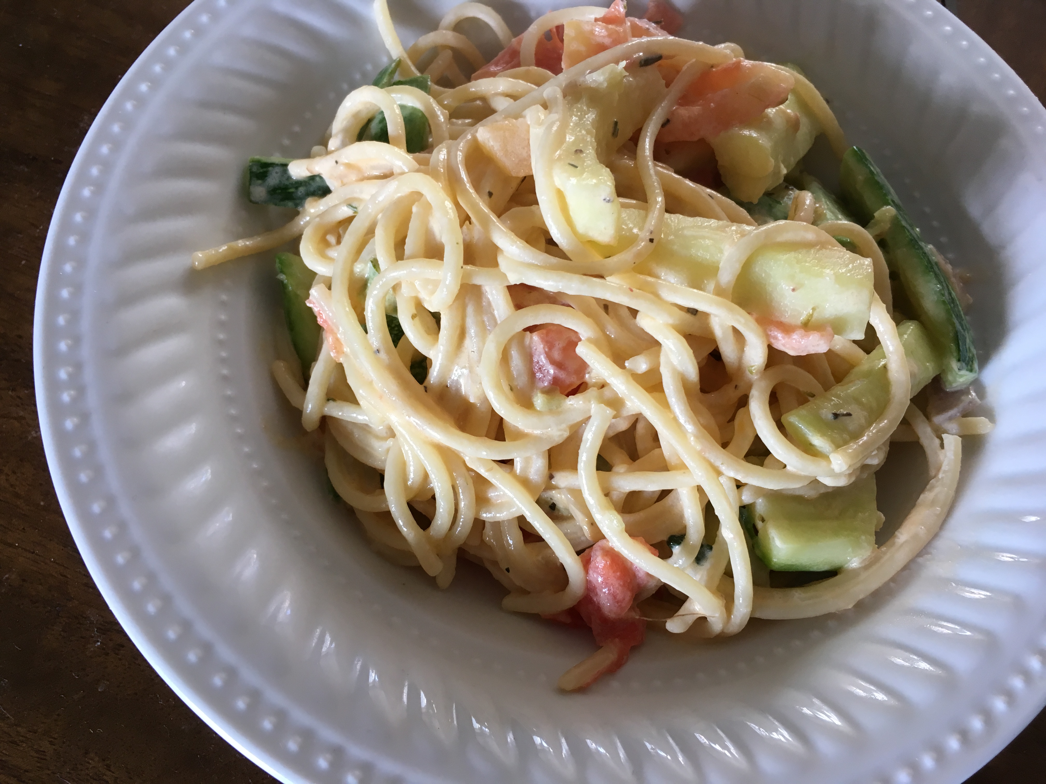 Easy Vegetarian Spaghetti with Zucchini, Tomato, and Feta 