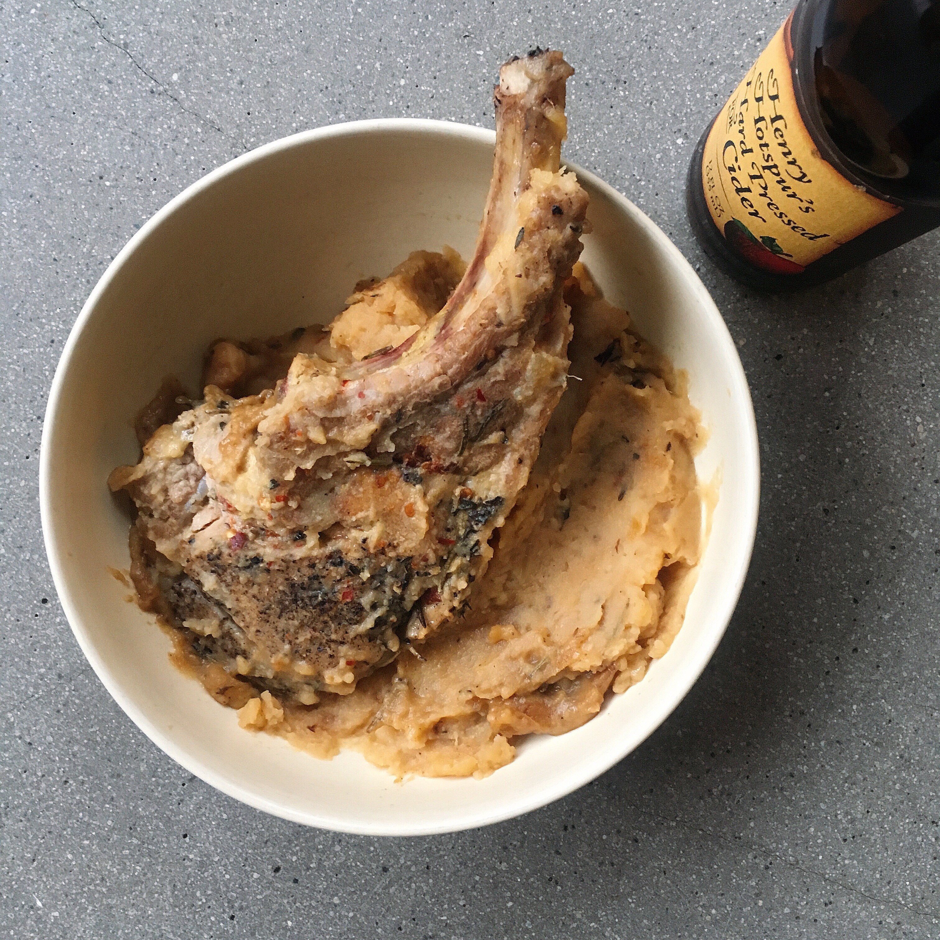 Pork Chops with Oniony Mashed Potatoes and Cider Gravy