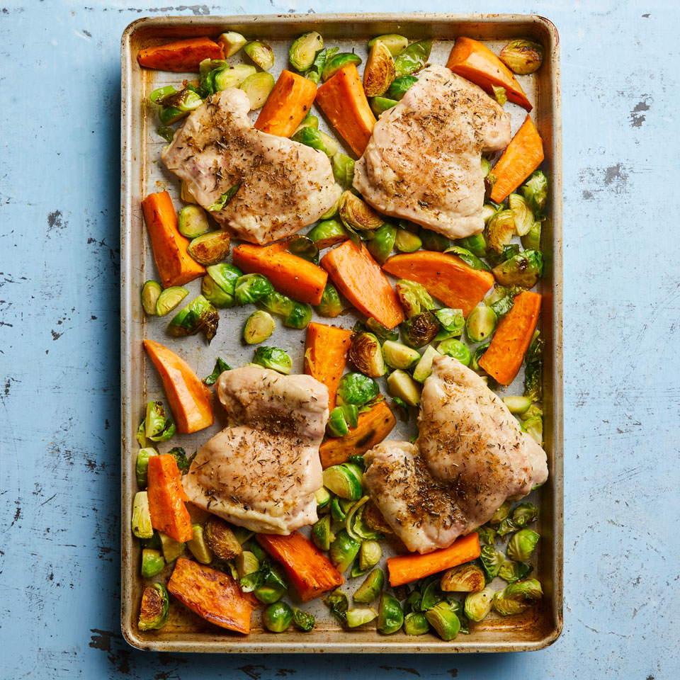 <p>Roasted Brussels sprouts and chicken thighs are a match we go back to over and over again in the Test Kitchen. Paired with cumin, thyme, sweet potatoes and a hit of sherry vinegar, they create one of our favorite easy dinner recipes.</p>
                          