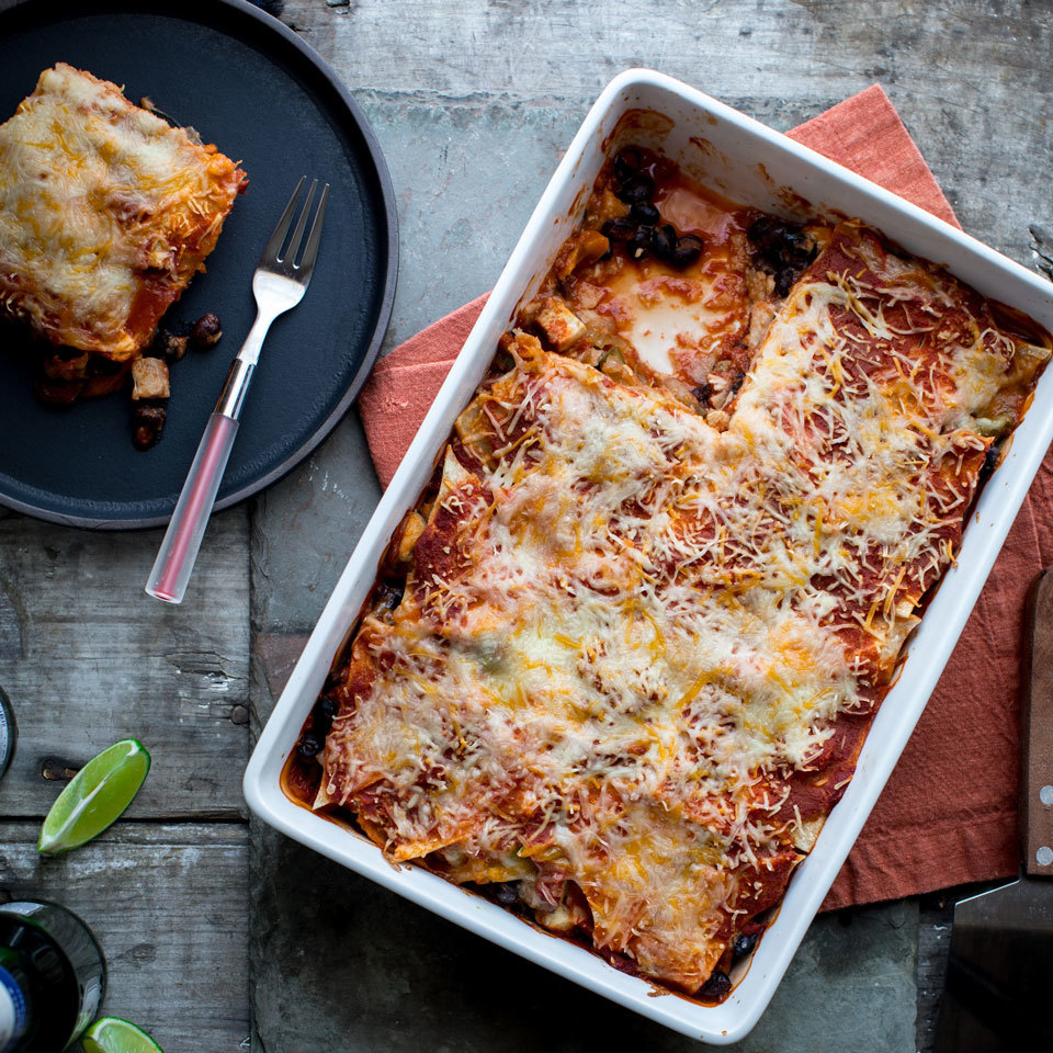 <p>Casseroles make perfect meal-prep dinners--this enchilada version is so easy to prep ahead. The whole casserole can be built and left to hang out in the refrigerator for up to three days. Then all you have to do is bake it off on a busy night and you have a healthy dinner on the table in a jiff. The quick homemade enchilada sauce in this recipe is great when you don't have any of the canned sauce on hand--just season crushed tomatoes with spices and salt for an instant enchilada sauce.</p>
                          <p> </p>
                          