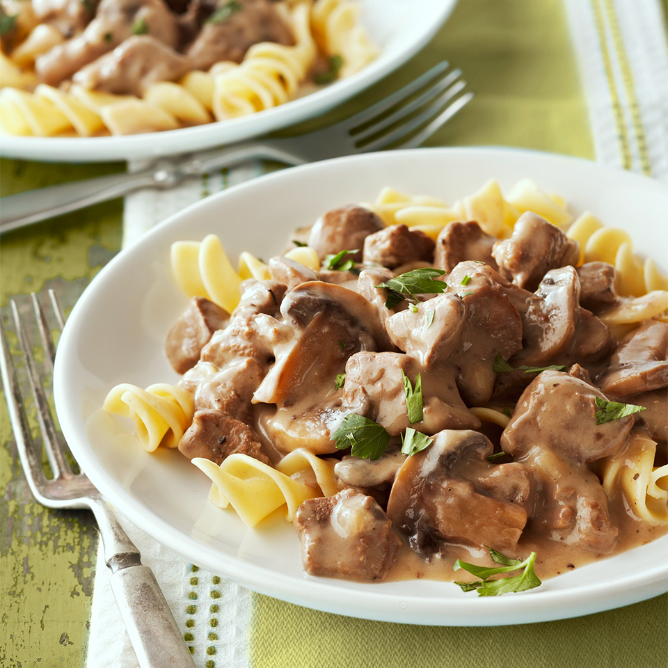 <p>This slow-cooker Beef Stroganoff recipe brings together tender beef and fresh mushrooms served over hot noodles with a creamy sauce.</p>
                          