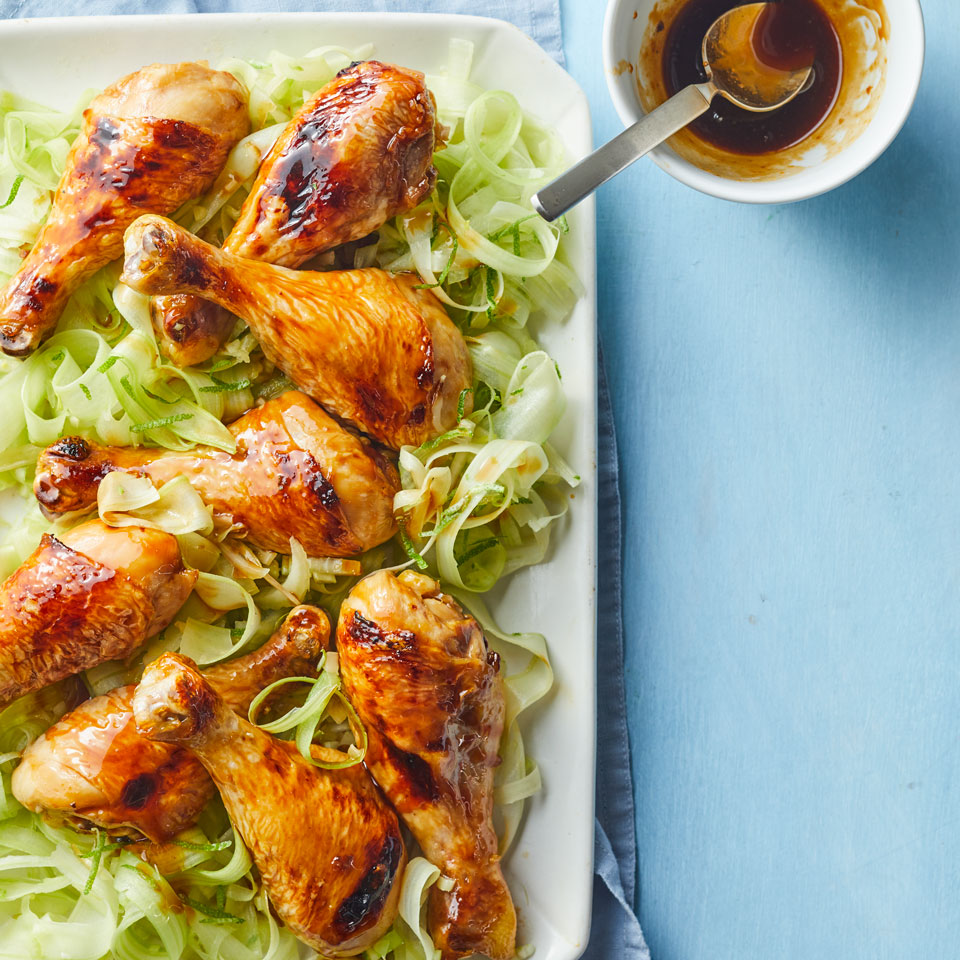 <p>A super-easy caramel sauce brushed onto oven-roasted chicken drumsticks makes this an impressive fast weeknight dinner or go-to party appetizer. A cool shaved celery salad spiked with lime juice keeps things refreshing and simple. Serve with rice noodles tossed with sesame oil and a splash of soy sauce.</p>
                          