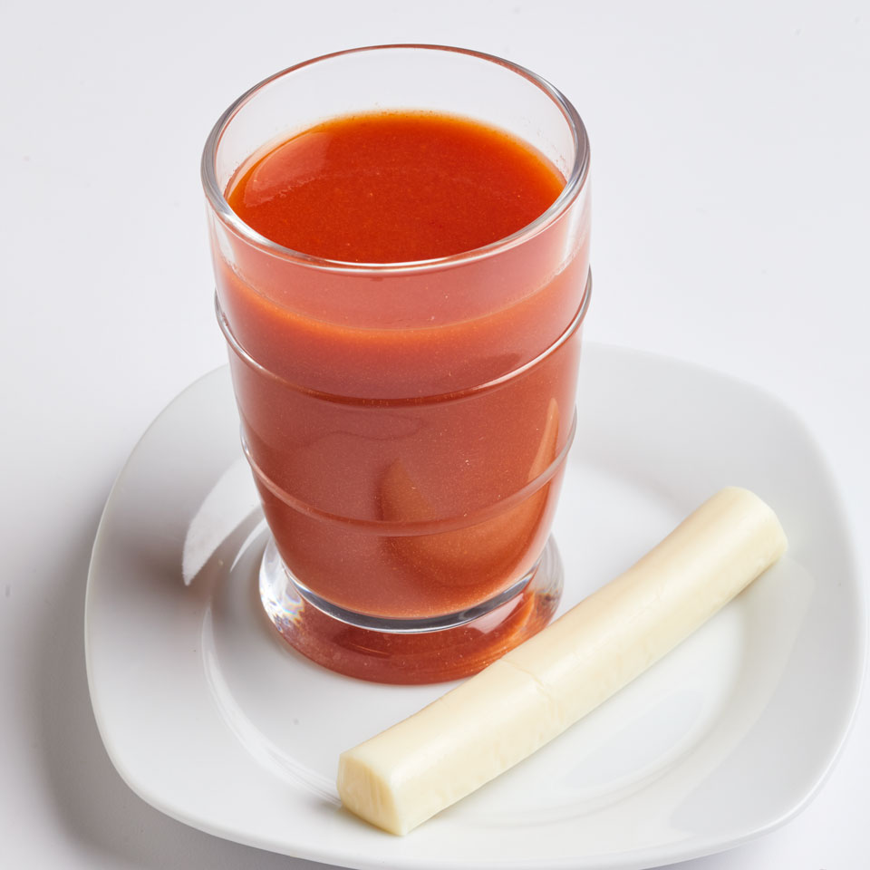 <p>Vegetable juice and part-skim mozzarella string cheese make an easy, on-the-go healthy snack.</p>
                          