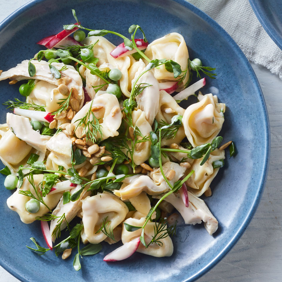 <p>Store-bought tortellini and frozen peas keep things quick in this healthy 30-minute meal. Jazzed-up bottled salad dressing helps you go even faster. Look for one with 200 mg or less of sodium and 3 g or less of sugar per serving.</p>
                          