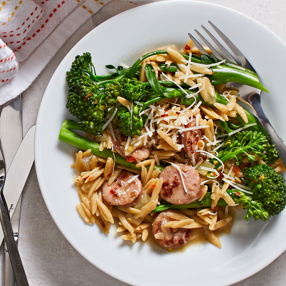 <p>We love this quick skillet meal for busy evenings. The sausage and orzo simmer together in chicken broth, resulting in a creamy, risotto-like dish in under 30 minutes.</p>
                          