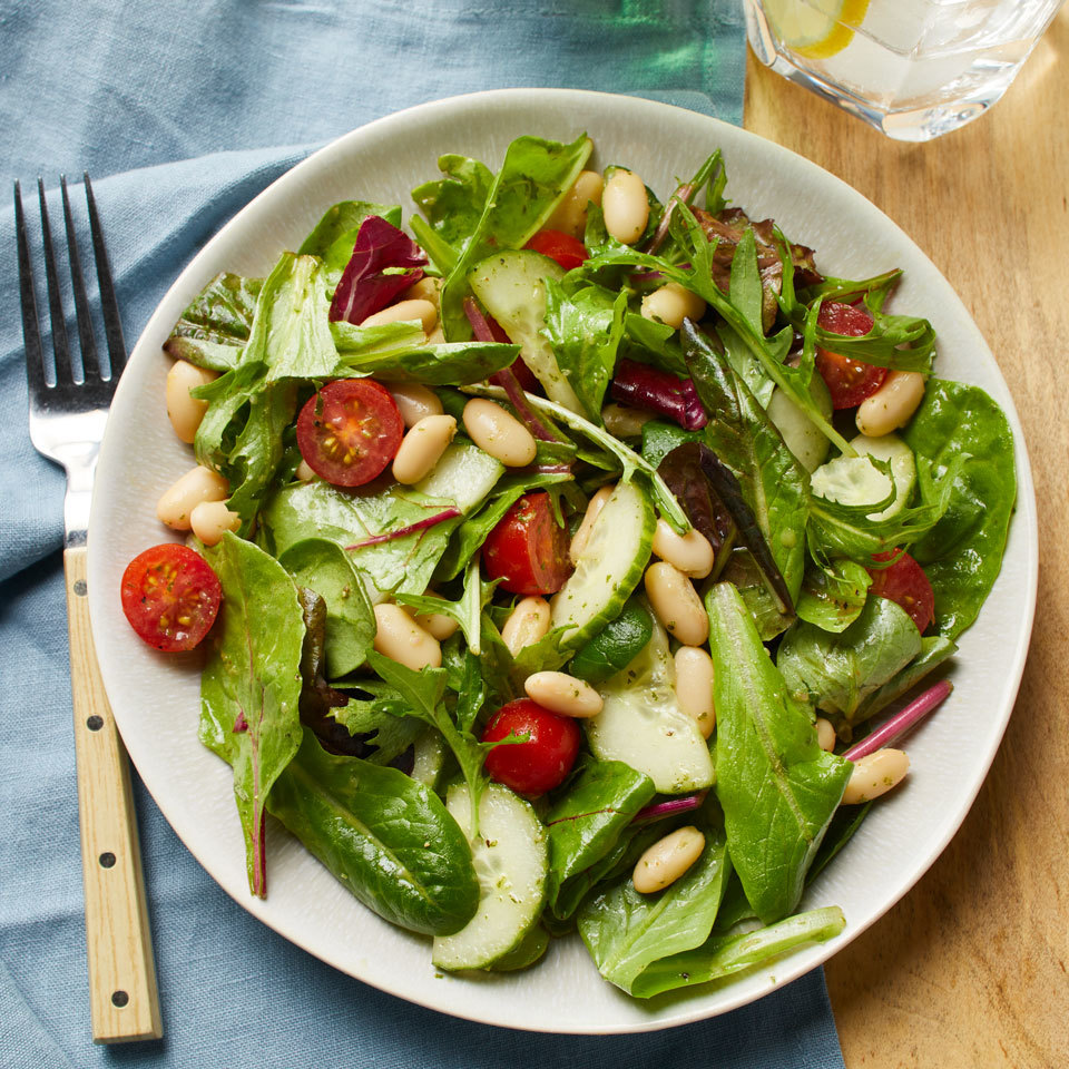 <p>This no-cook bean salad is a delicious way to use summer's best cherry or grape tomatoes and juicy cucumbers for a light dinner or lunch. Fresh basil elevates an easy vinaigrette recipe that dresses up this simple salad into something extraordinary.</p>
                          