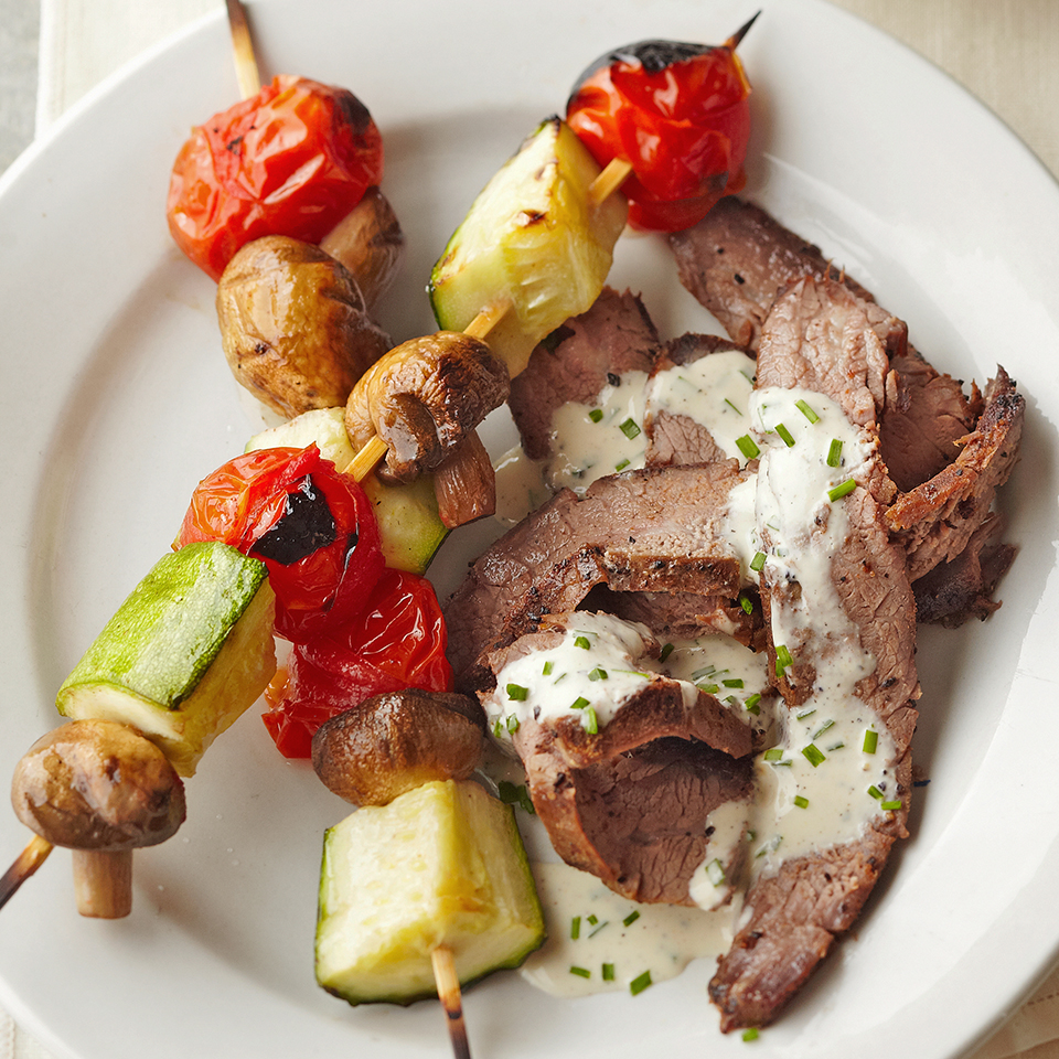 <p>Broiled flank steak teams up with mushroom, zucchini, and tomato skewers for a delicious combination. Homemade buttermilk dressing is the perfect addition to this tasty dish.</p>
                          