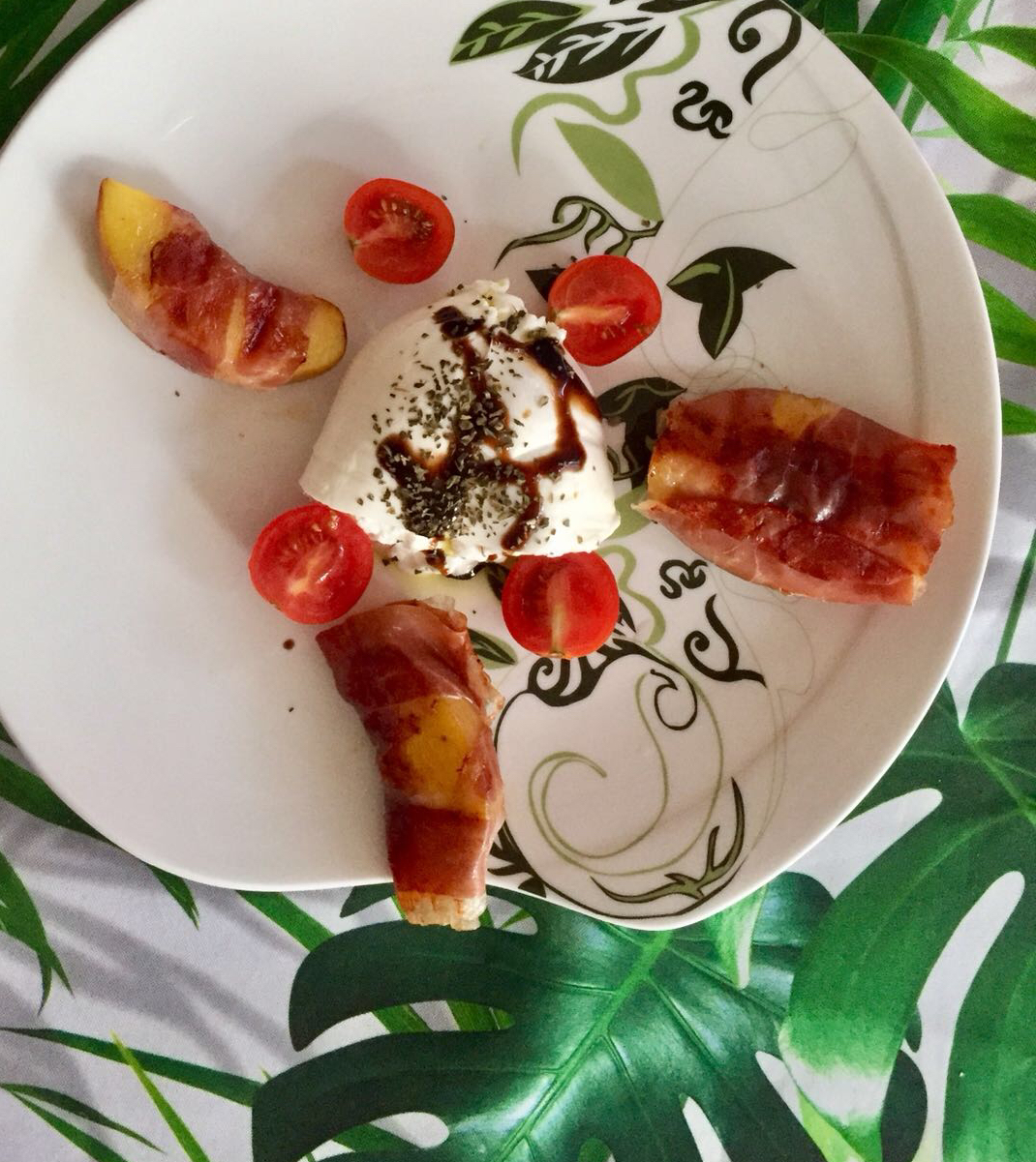 Grilled Prosciutto-Wrapped Peaches with Burrata and Basil 