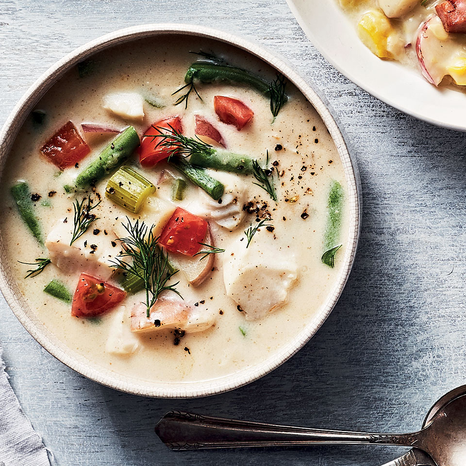 <p>In this healthy fish chowder recipe, heavy cream is replaced with milk and flour-thickened fish (or seafood) broth and we keep sodium amounts reasonable with lower-sodium broth. By making your own homemade fish chowder, you'll save up to 300 calories, 20 grams of saturated fat and 500 milligrams of sodium per serving compared to many store-bought or restaurant chowders.</p>
                          