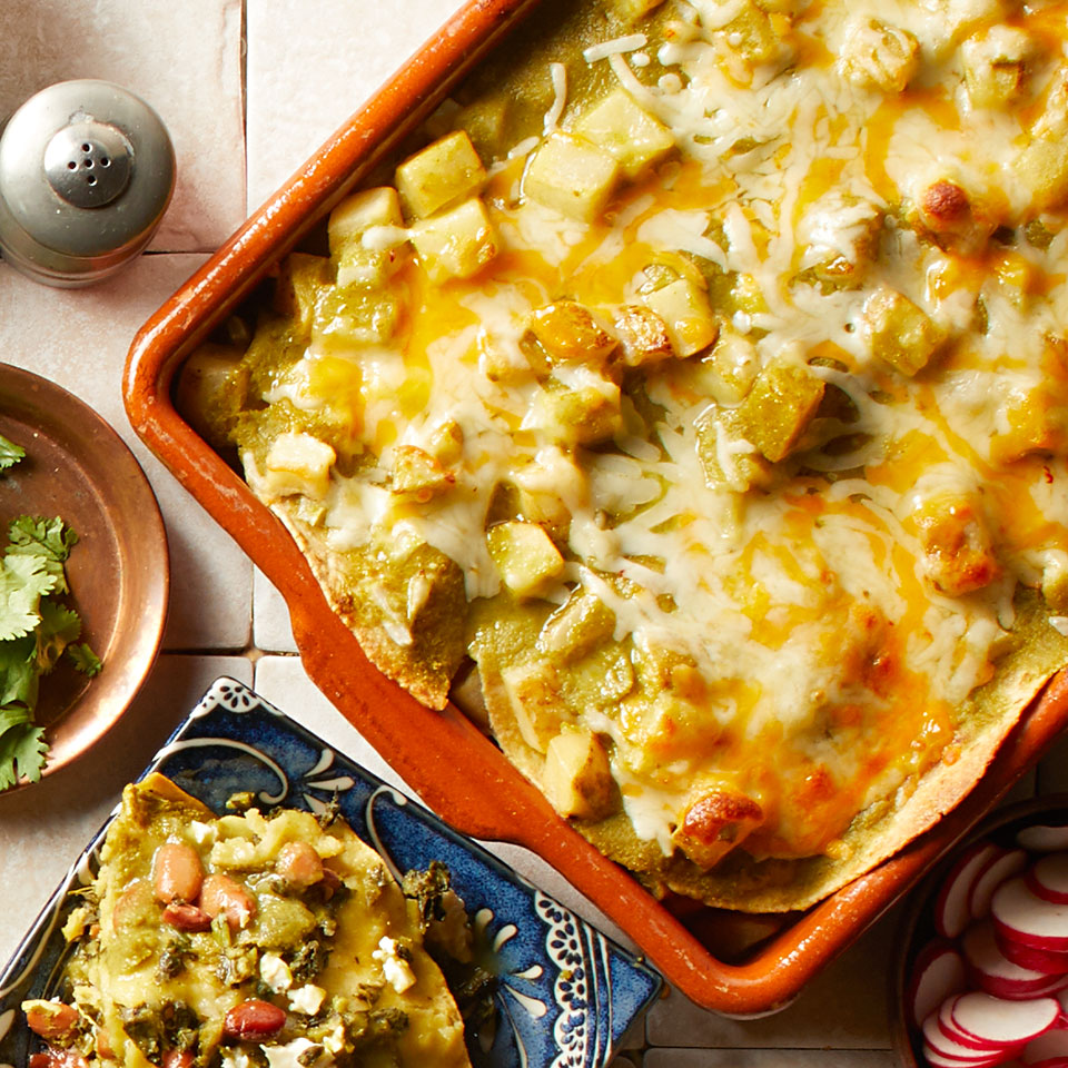 <p>Frozen potatoes, often labeled diced hash brown potatoes, make these healthy enchiladas come together quickly. Feel free to sub in sweet potatoes for an added boost of vitamin A, if desired.</p>
                          