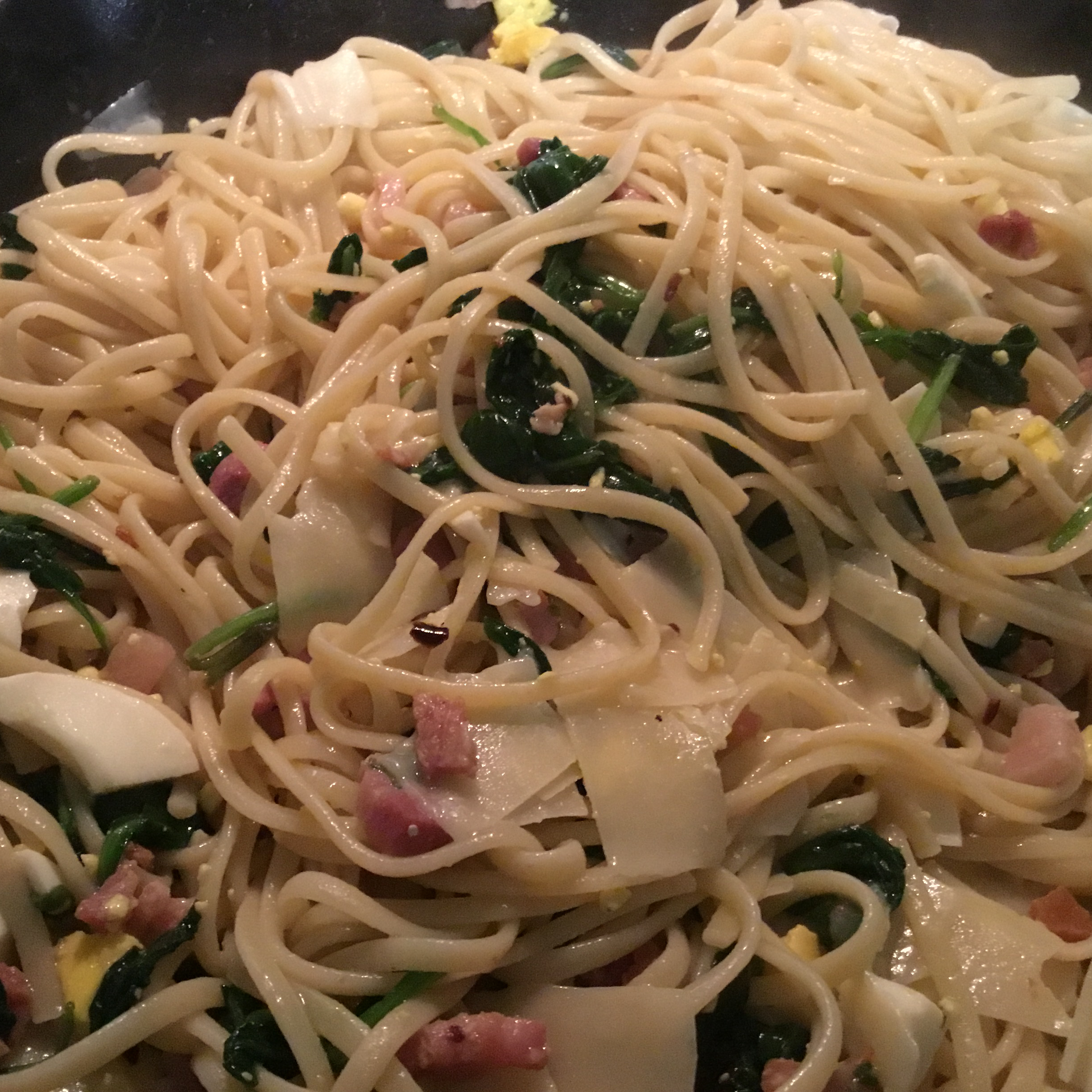 Spinach, Egg, and Pancetta with Linguine Shelley Kaiser