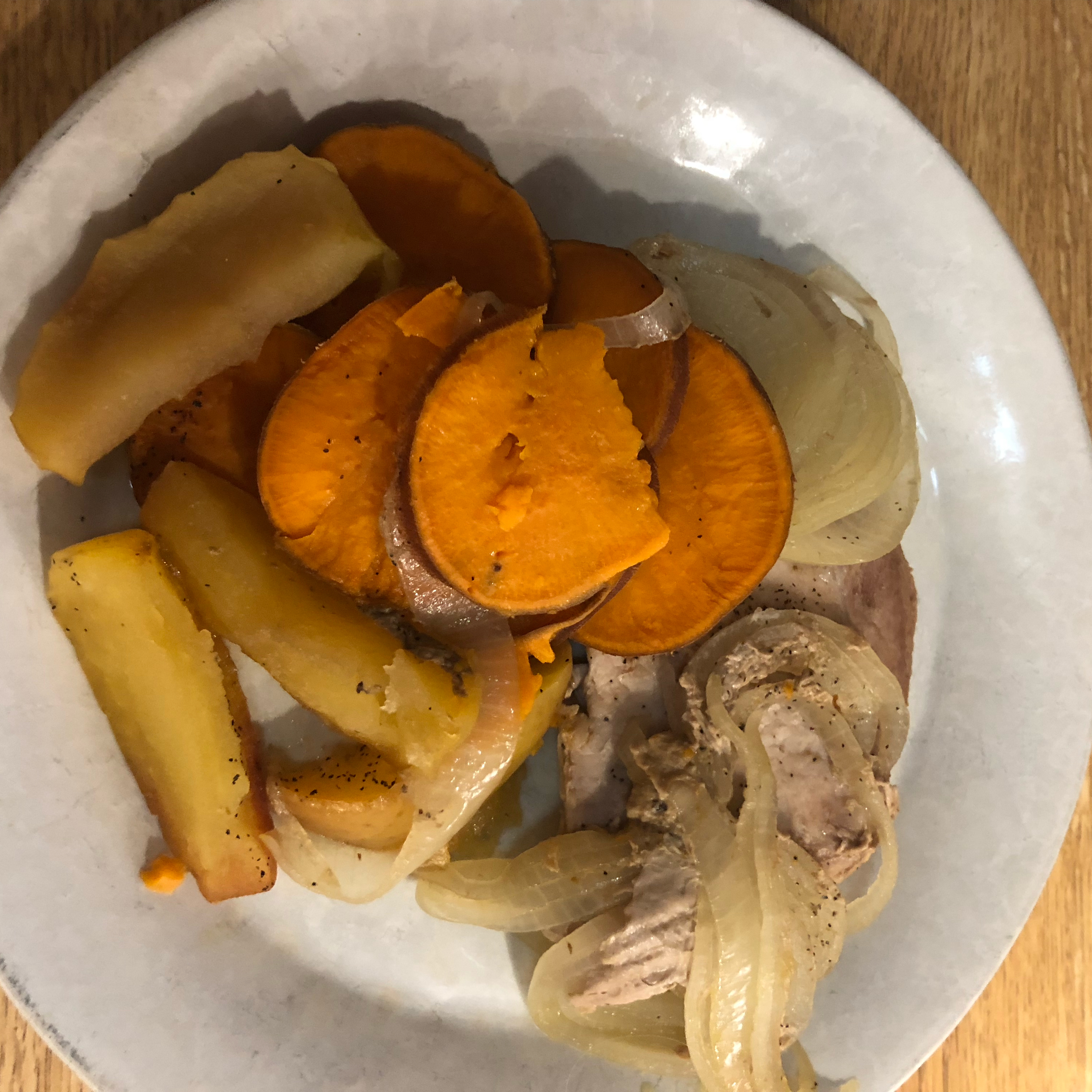 Pork Chops with Apples, Onions, and Sweet Potatoes 