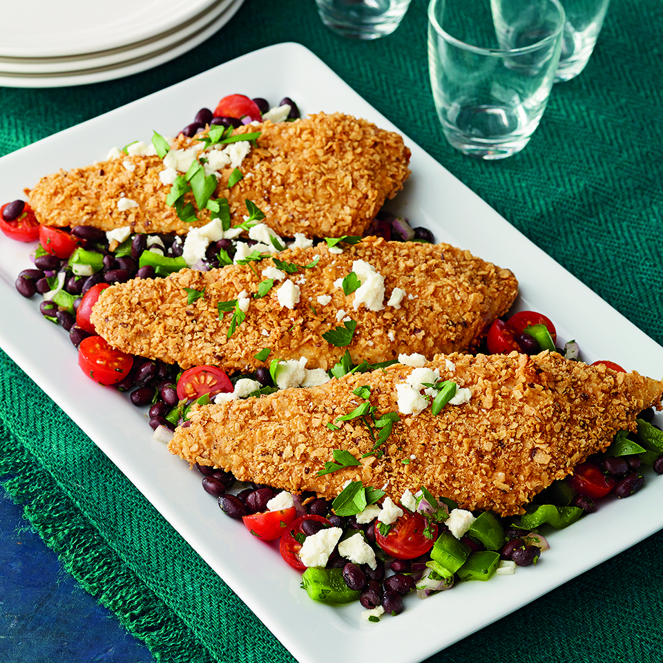 <p>This 40-minute recipe pairs a vibrant black bean salad with baked flounder. The flounder is coated in a cayenne pepper and tortilla chip crust adding a bit of heat to this Mexican-inspired meal.</p>
                          