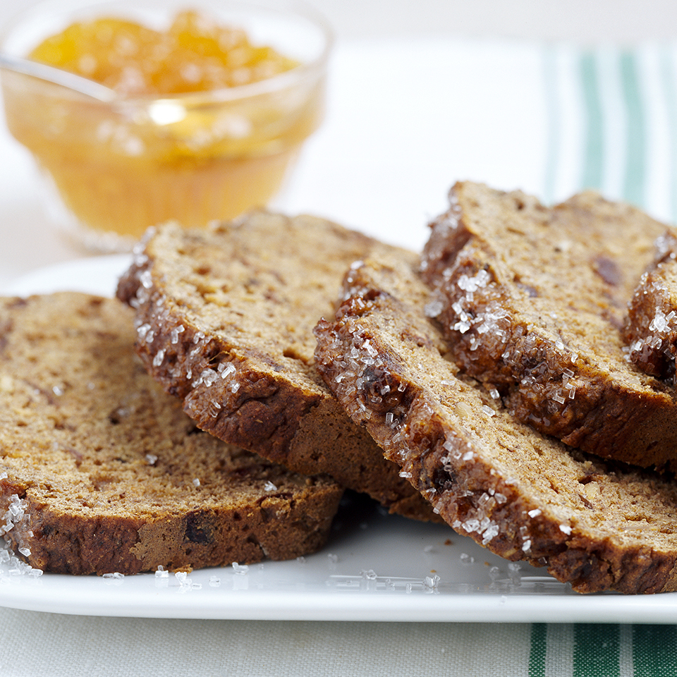 <p>Dates are naturally sweet so no extra sugar is needed in this quick-bread recipe. Toasted almonds add a nice crunch and the optional coarse sugar topping--while it isn't needed for sweetness--certainly adds to the presentation.</p>
                          