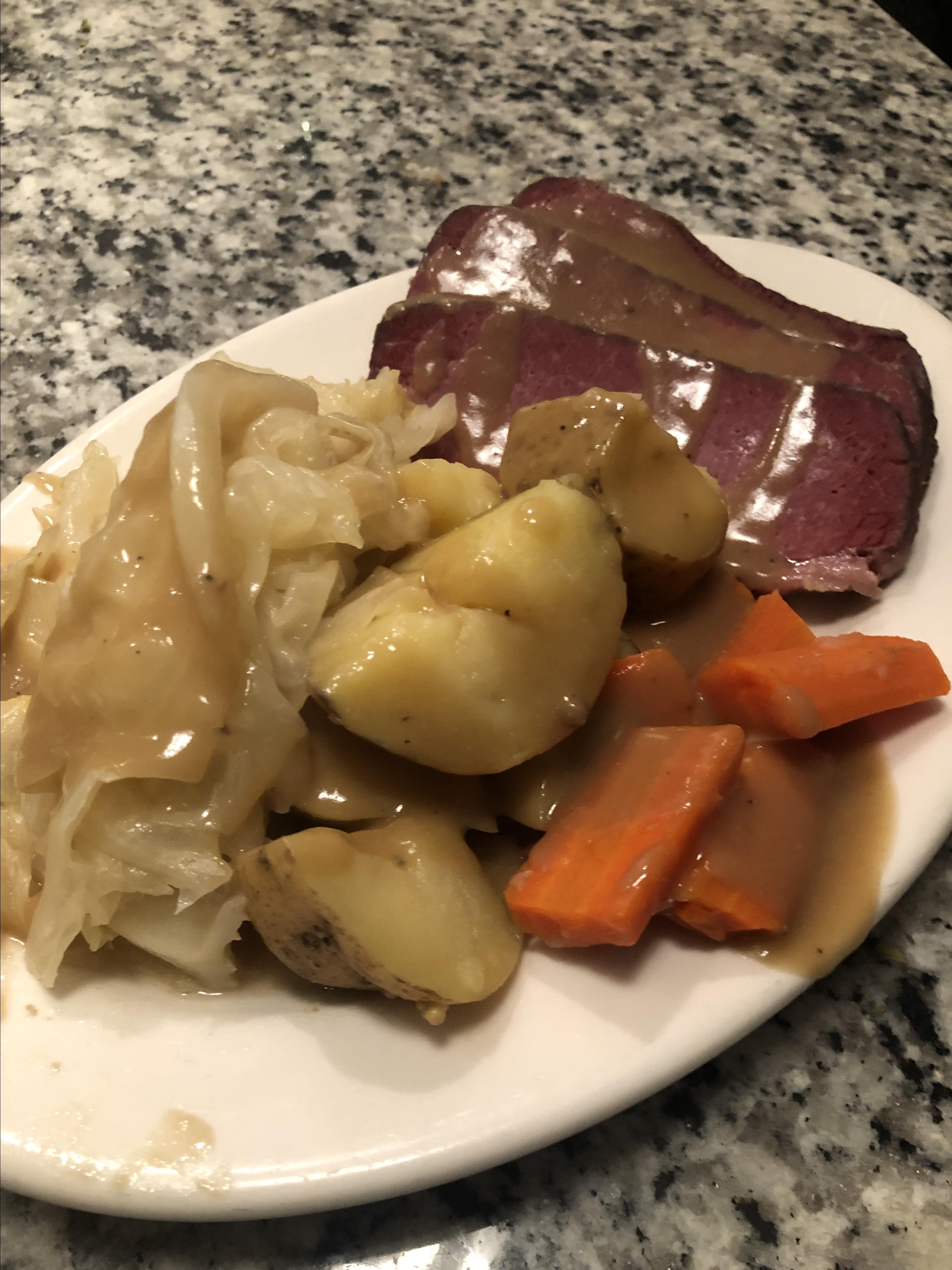 Corned Beef and Cabbage with Guinness-Dijon Gravy