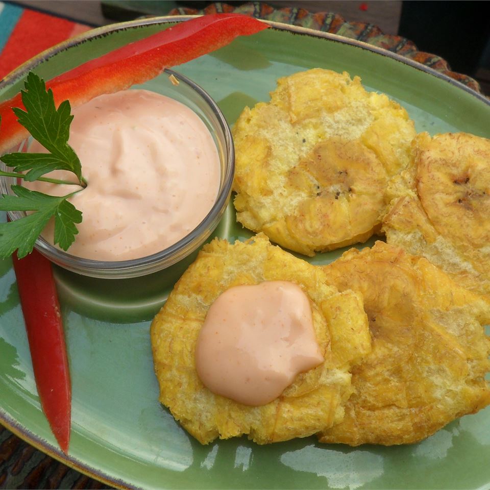 Tostones (Twice Fried Green Plantains) with Mayo-Ketchup Dipping Sauce 