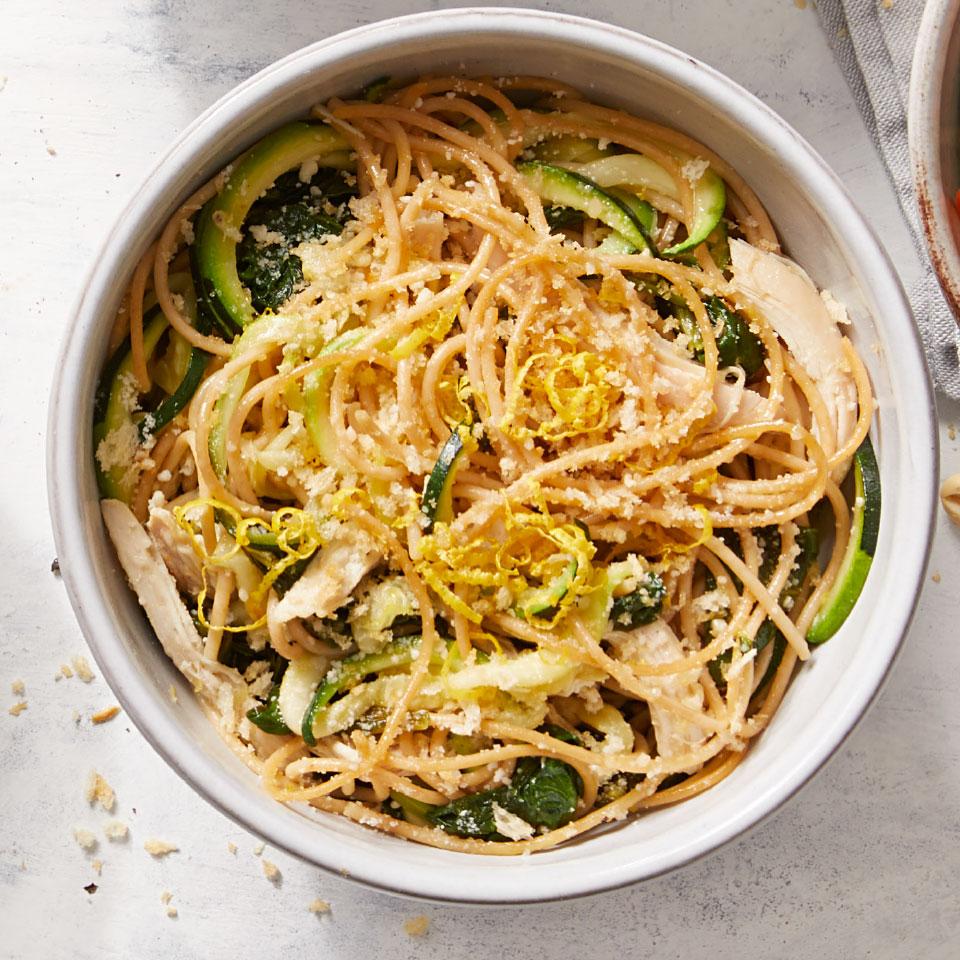 <p>We love the combination of lemon zest and toasted breadcrumbs in this quick and easy pasta recipe for one. This healthy dinner is made with rotisserie chicken and quick-cooking spiralized zucchini and baby zucchini, so you get a complete meal in just 10 minutes.</p>
                          