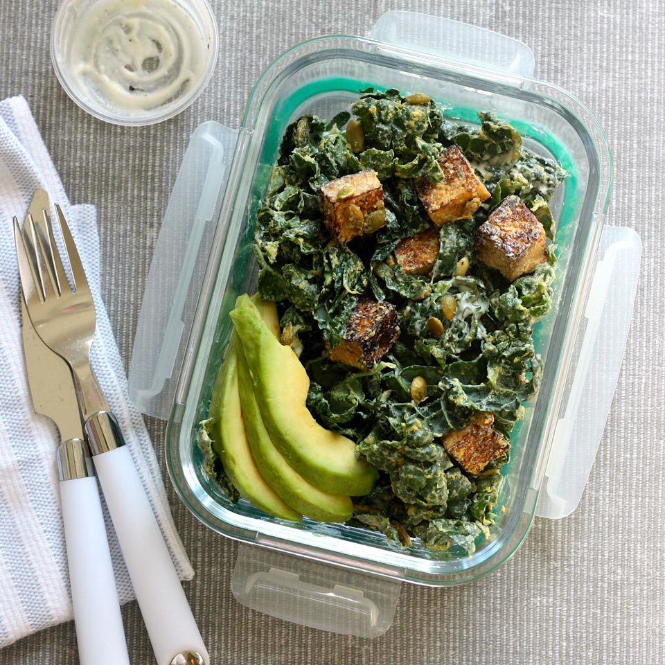 <p>Swapping tofu for the bread in these meal-prep Caesar salad bowls bumps up the satiety factor with 18 grams of protein. These crispy tofu croutons originally appeared in Lauren Grant's recipe for Diabetic Living magazine (see Associated Recipes). Lacinato kale, also known as dinosaur kale or Tuscan kale, has flat, dark green-blue leaves--and its tenderness makes it perfect for eating raw, like in this salad.</p>
                          