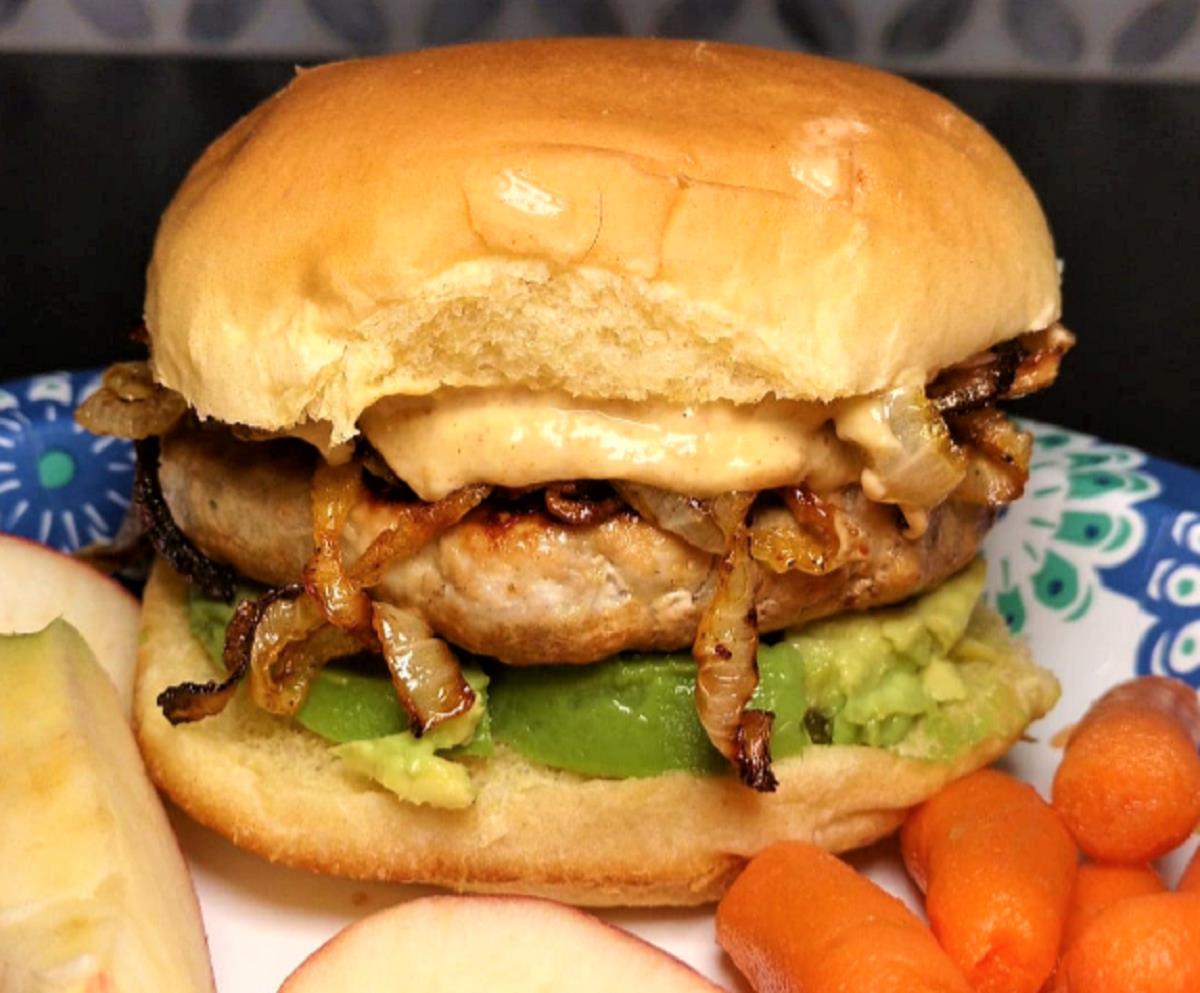 Kickin' Turkey Burger with Caramelized Onions and Spicy Sweet Mayo Karen Dean Covington