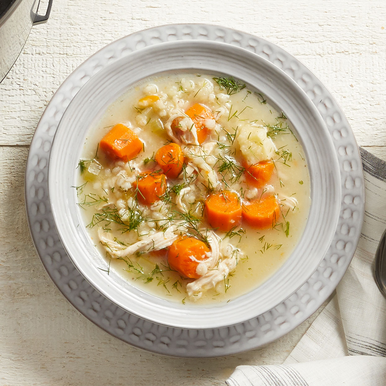 <p>Be sure to use bone-in chicken here--it enhances the flavor of the broth, and the bones are easy to remove after cooking. This healthy chicken soup can be made in an Instant Pot or pressure cooker.</p>
                          