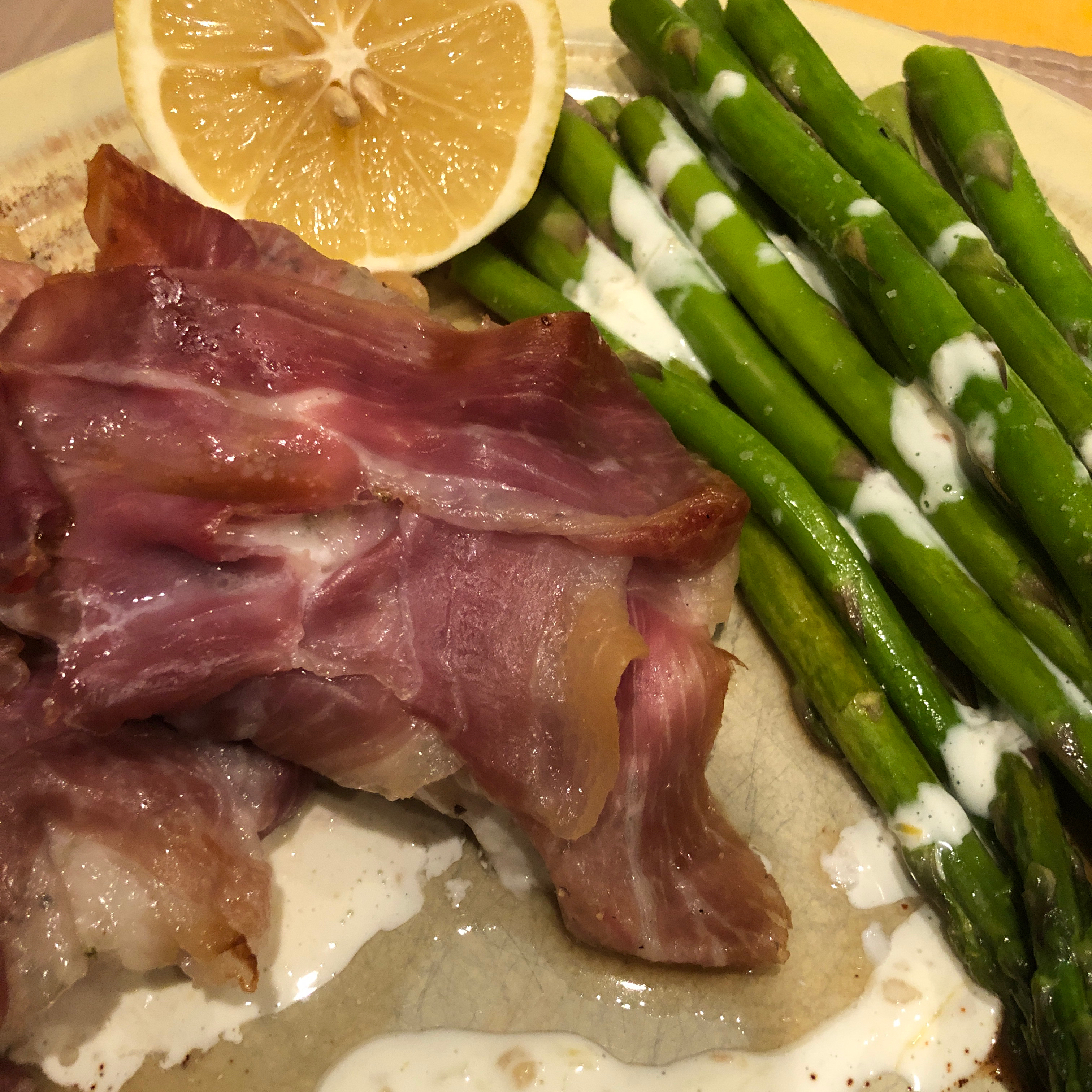 Pancetta-Wrapped Haddock with Lemon Aioli and Roasted Asparagus Luc Peeters