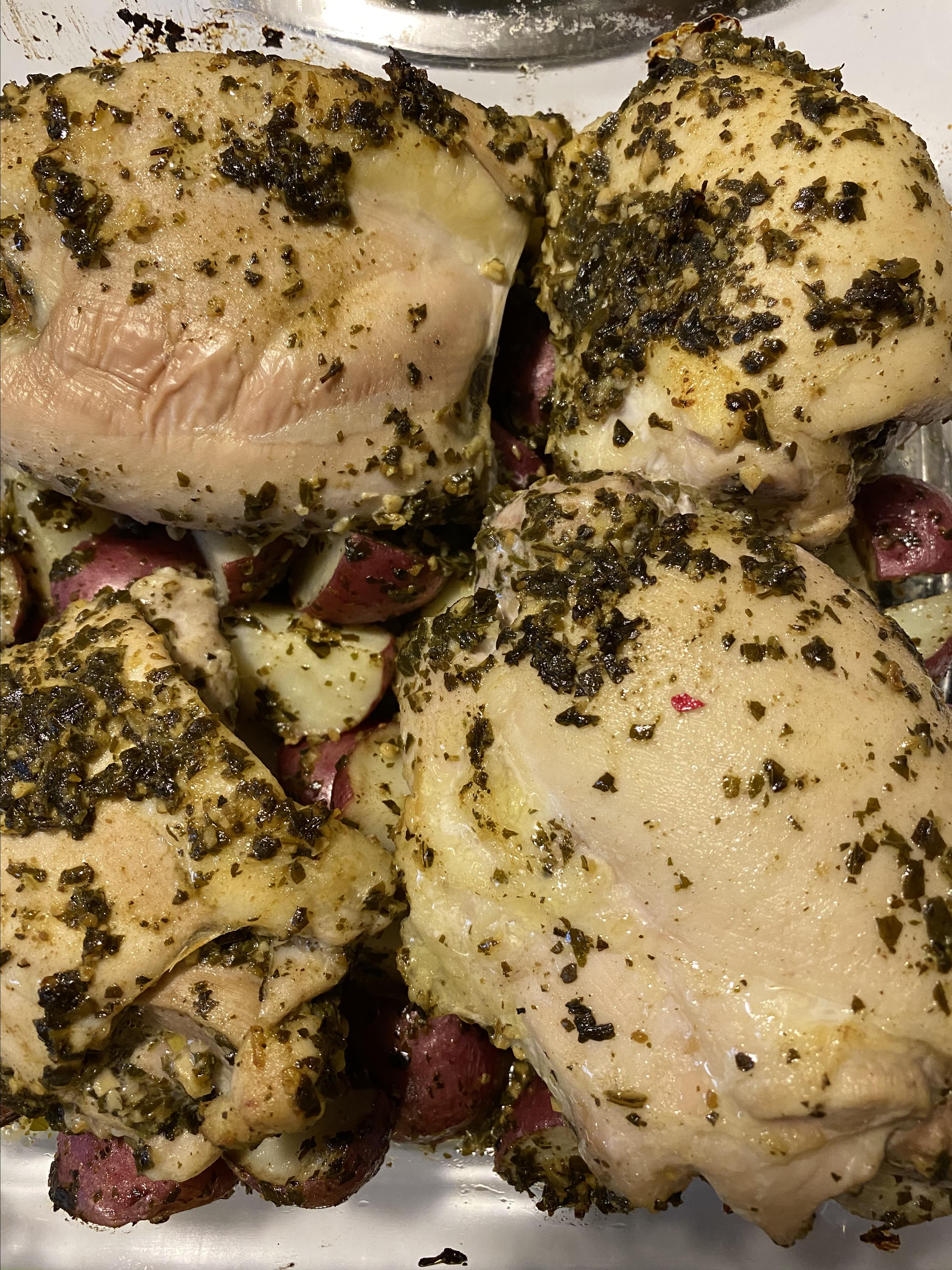 Baked Pesto Chicken Thighs and Potatoes 