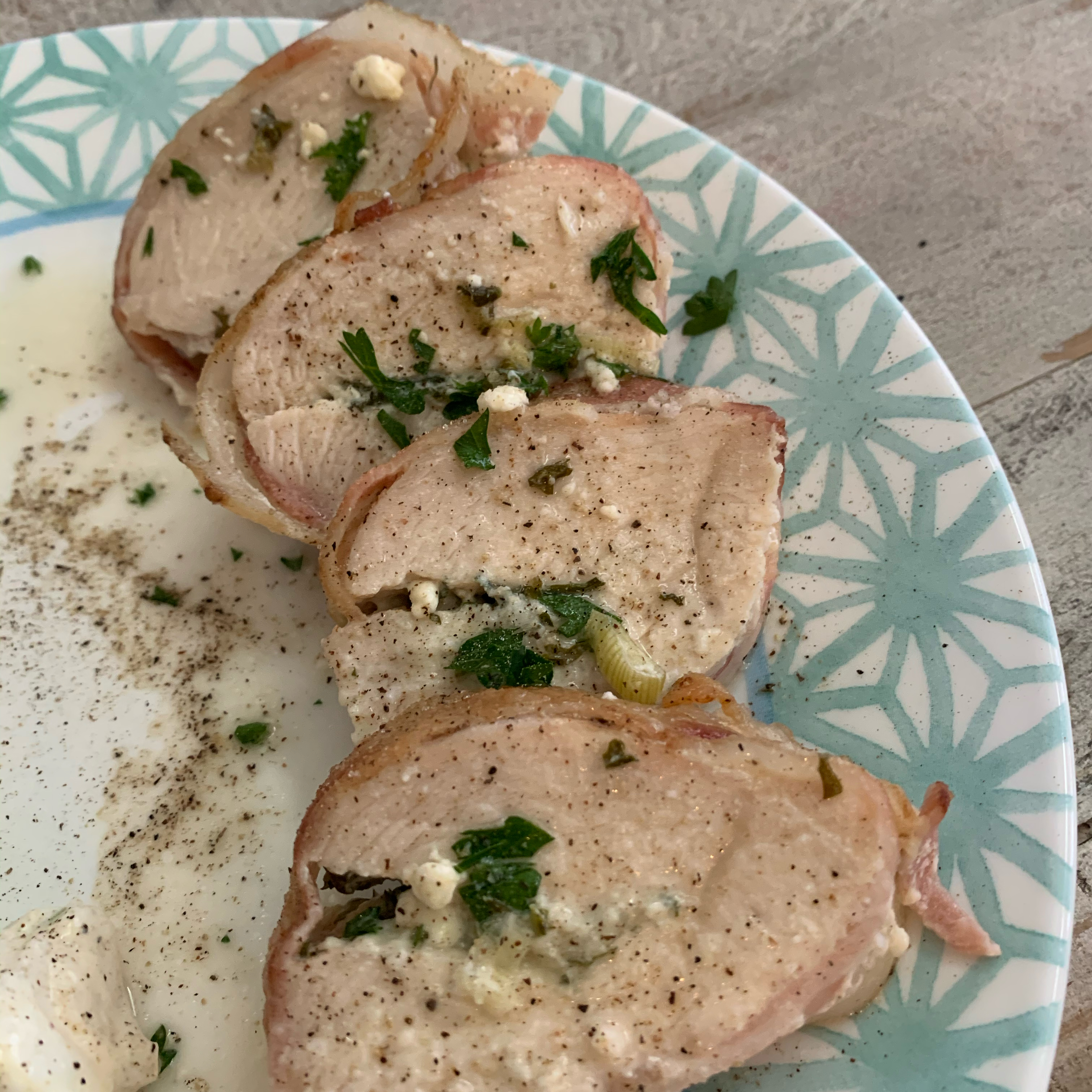 LJ'S Gorgonzola Stuffed Chicken Breasts Wrapped in Bacon Mary R