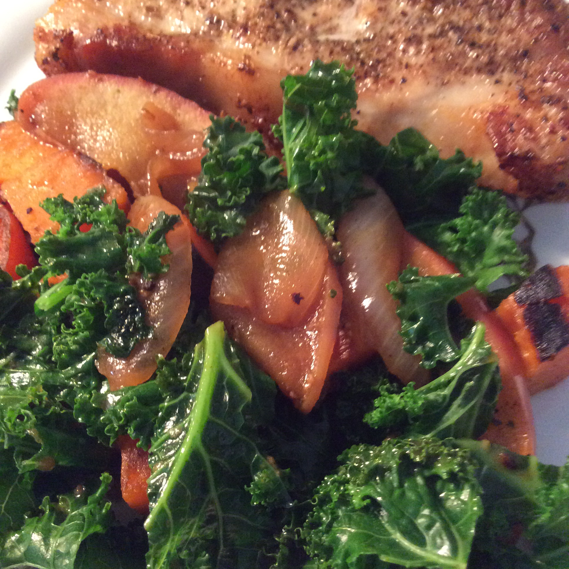 Fennel-Rubbed Pork Chops with Apple, Kale, and Sweet Potato Pat-Perry