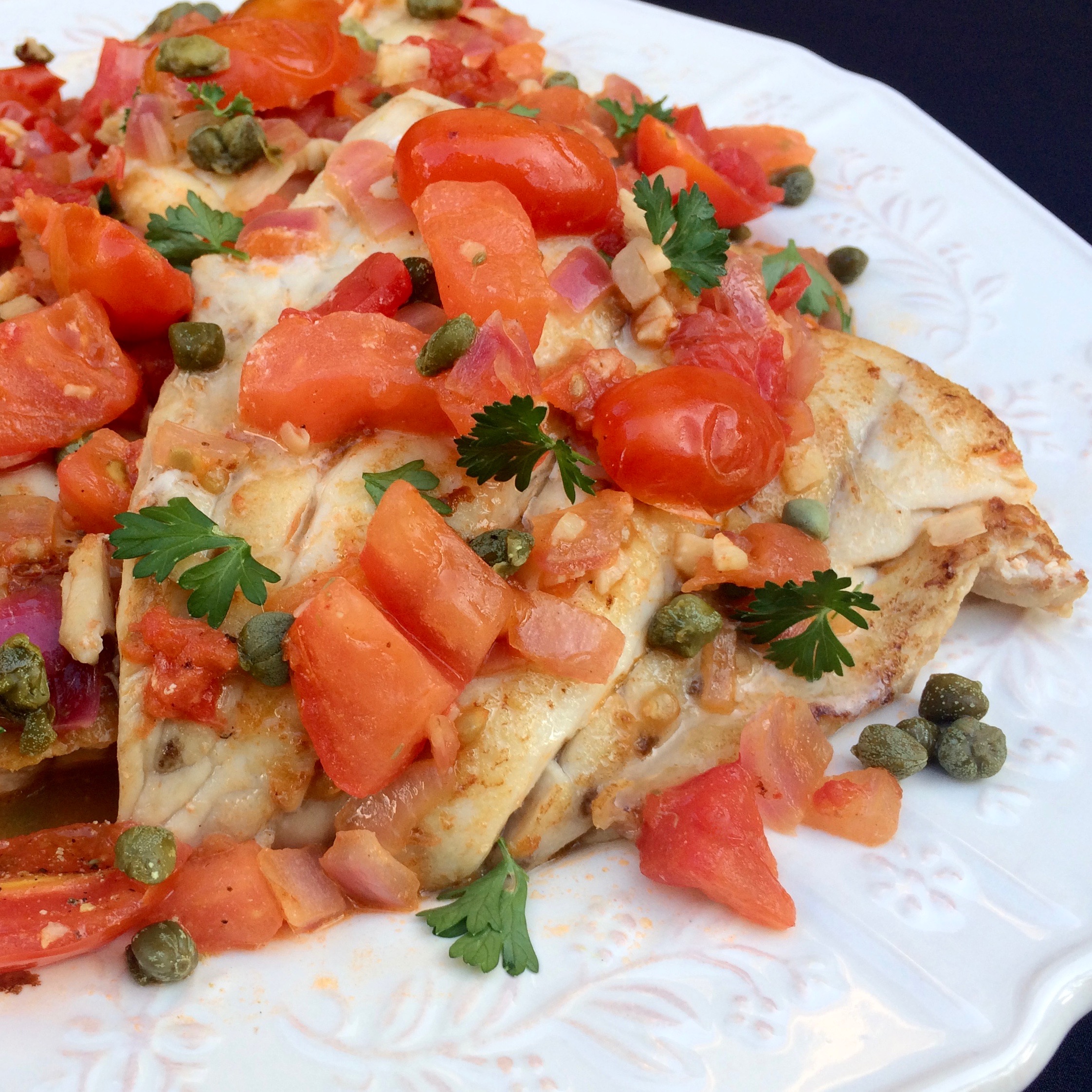 Skillet-Braised Grouper with Tomatoes, Onions, and Capers Bibi