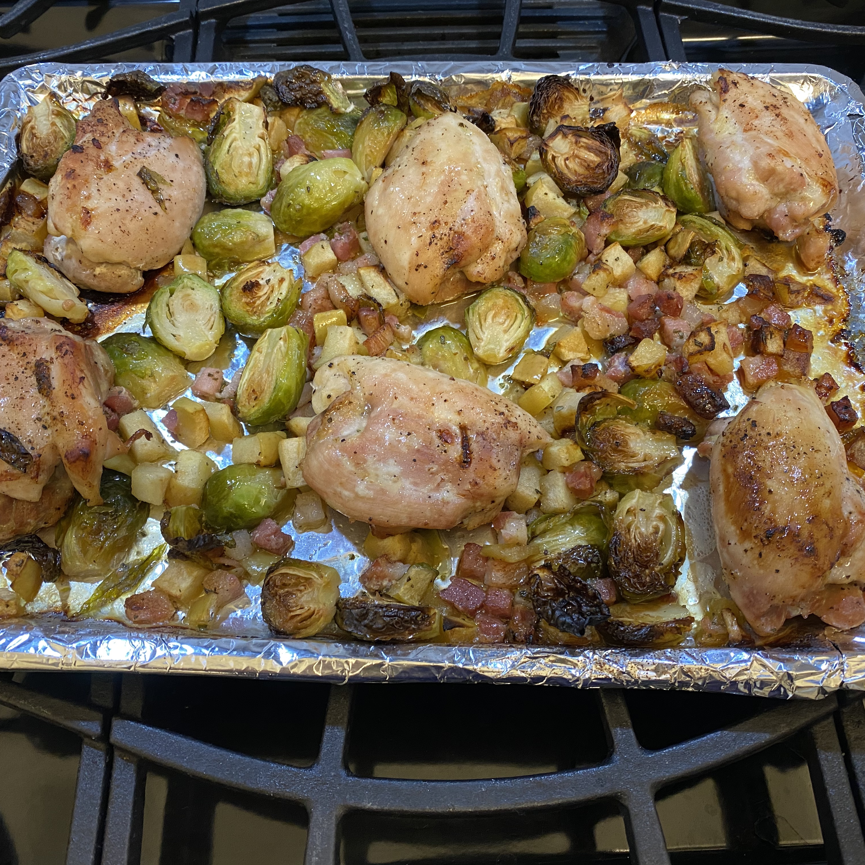 Chicken, Apple, and Brussels Sprout Sheet Pan Dinner 