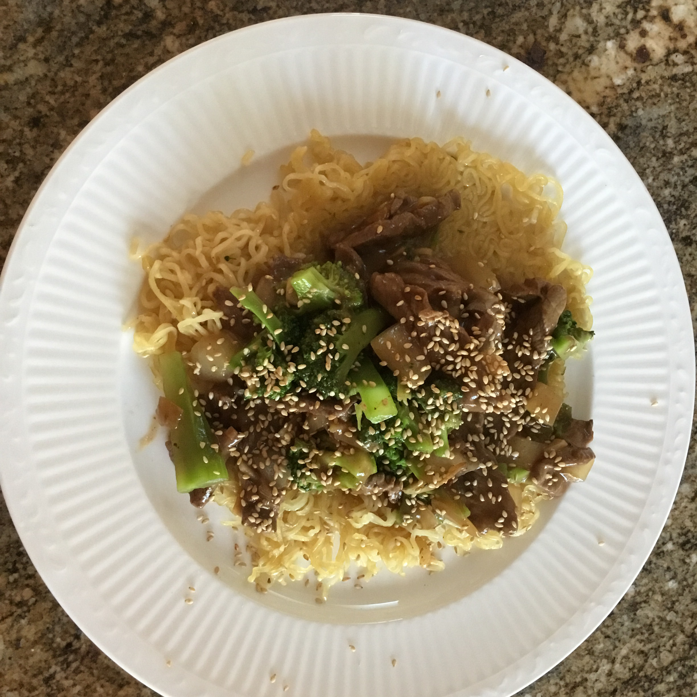 Stir-Fried Beef and Broccoli with Crisp Ramen Noodle Cake 