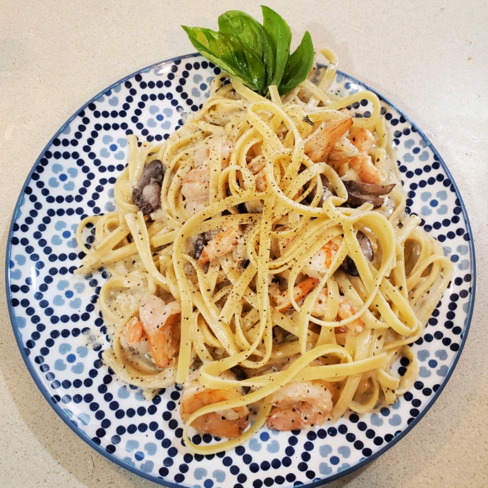 Shrimp and Mushroom Linguini with Creamy Cheese Herb Sauce scott