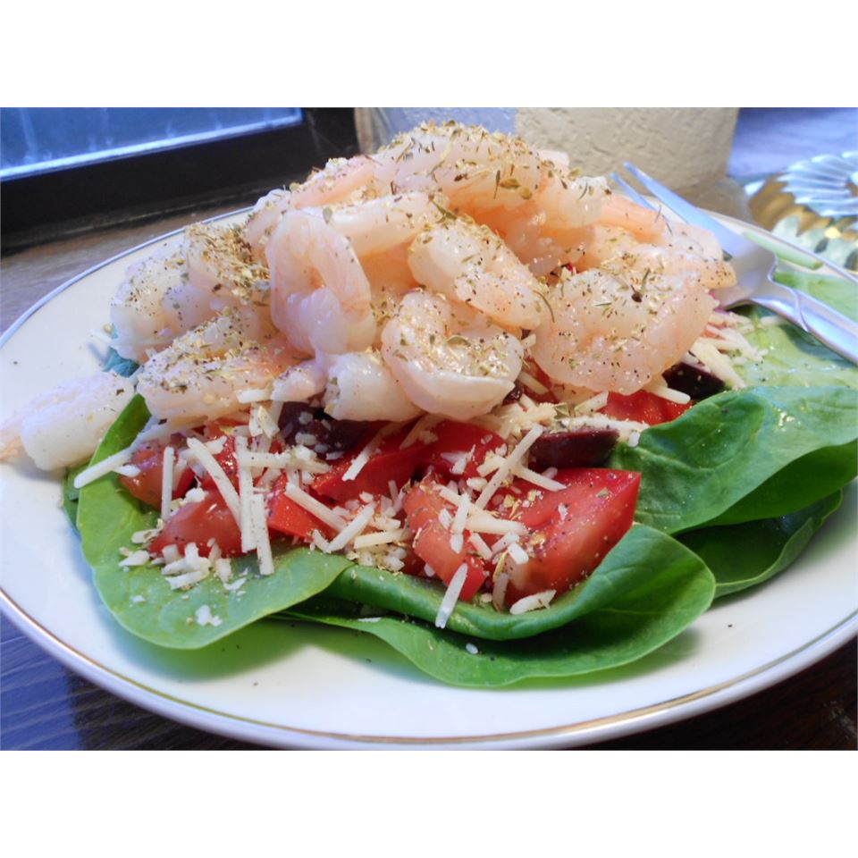 Greek-Style Shrimp Salad on a Bed of Baby Spinach 
