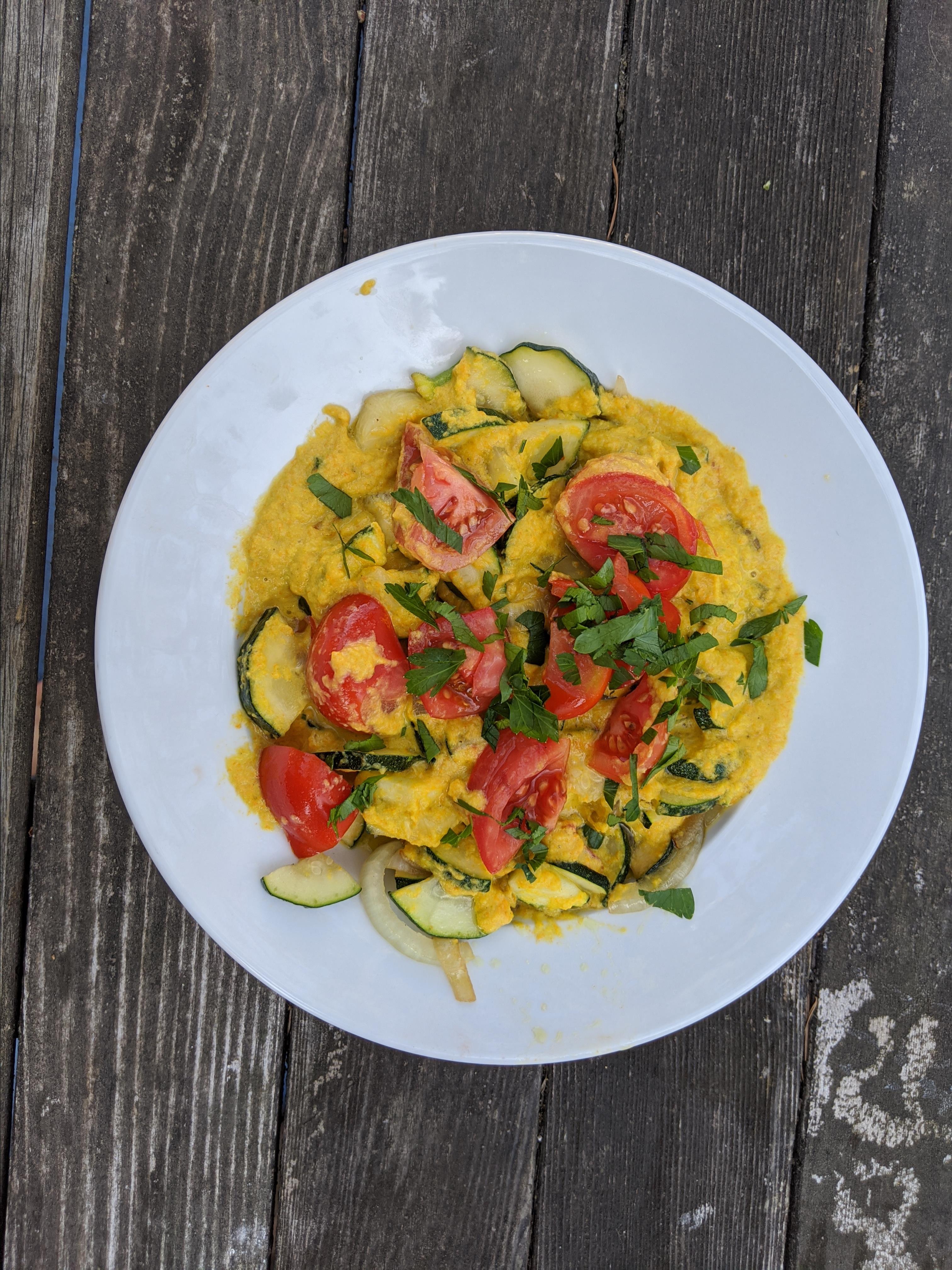 Zucchini with Pumpkin Blossom Cream Sauce and Tomatoes 