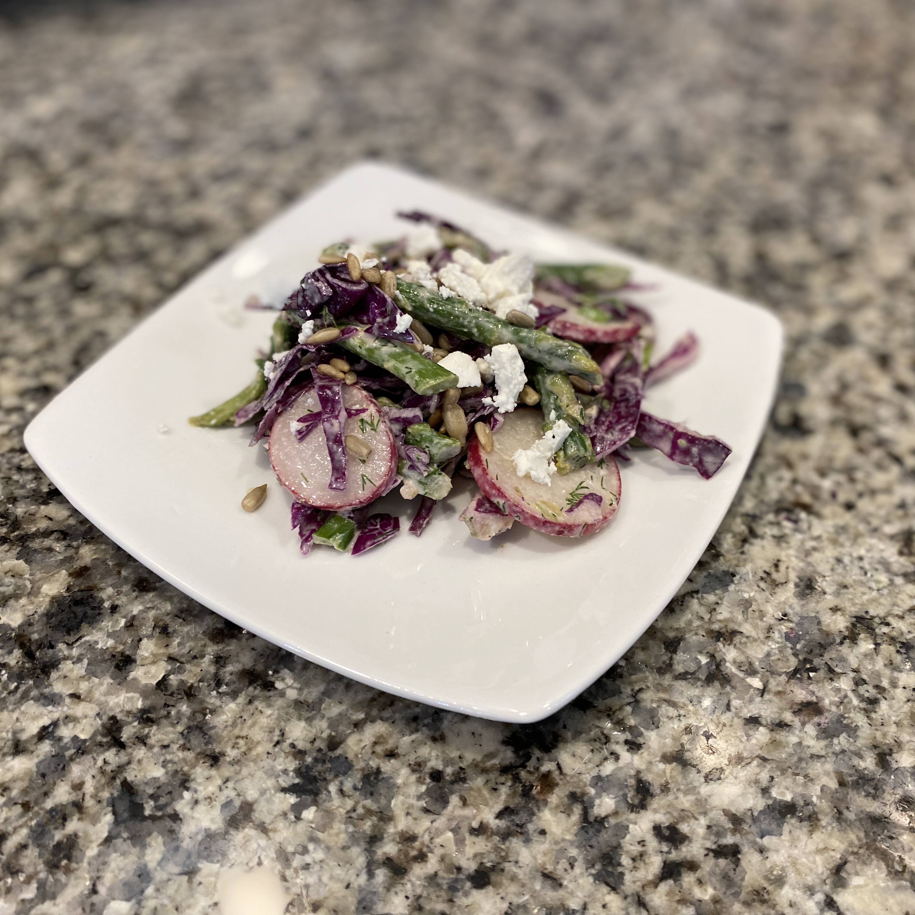Red Cabbage-Asparagus Salad with Tahini Dressing